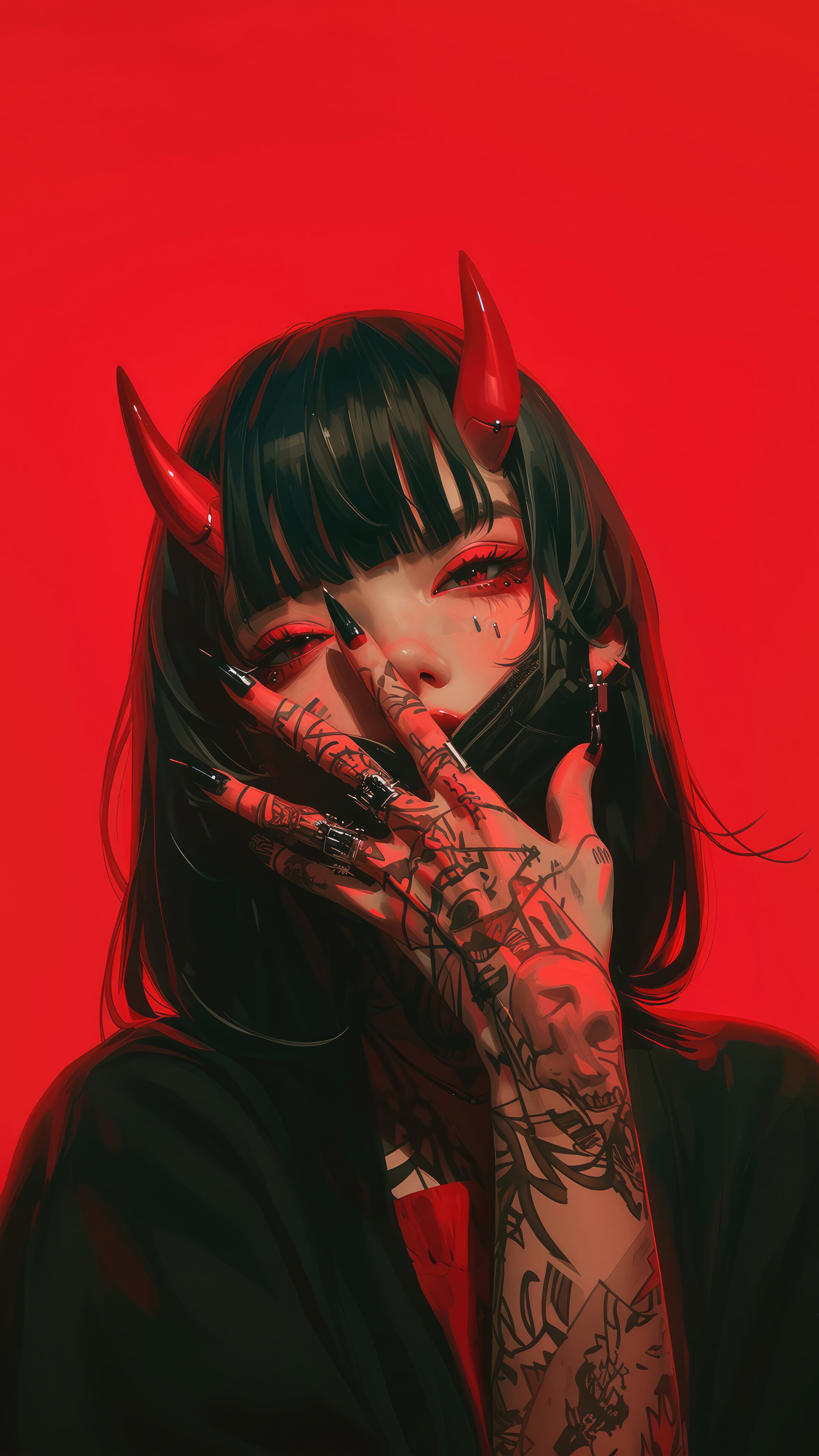 Anime Girl Demon Horn Tattoo 4K
