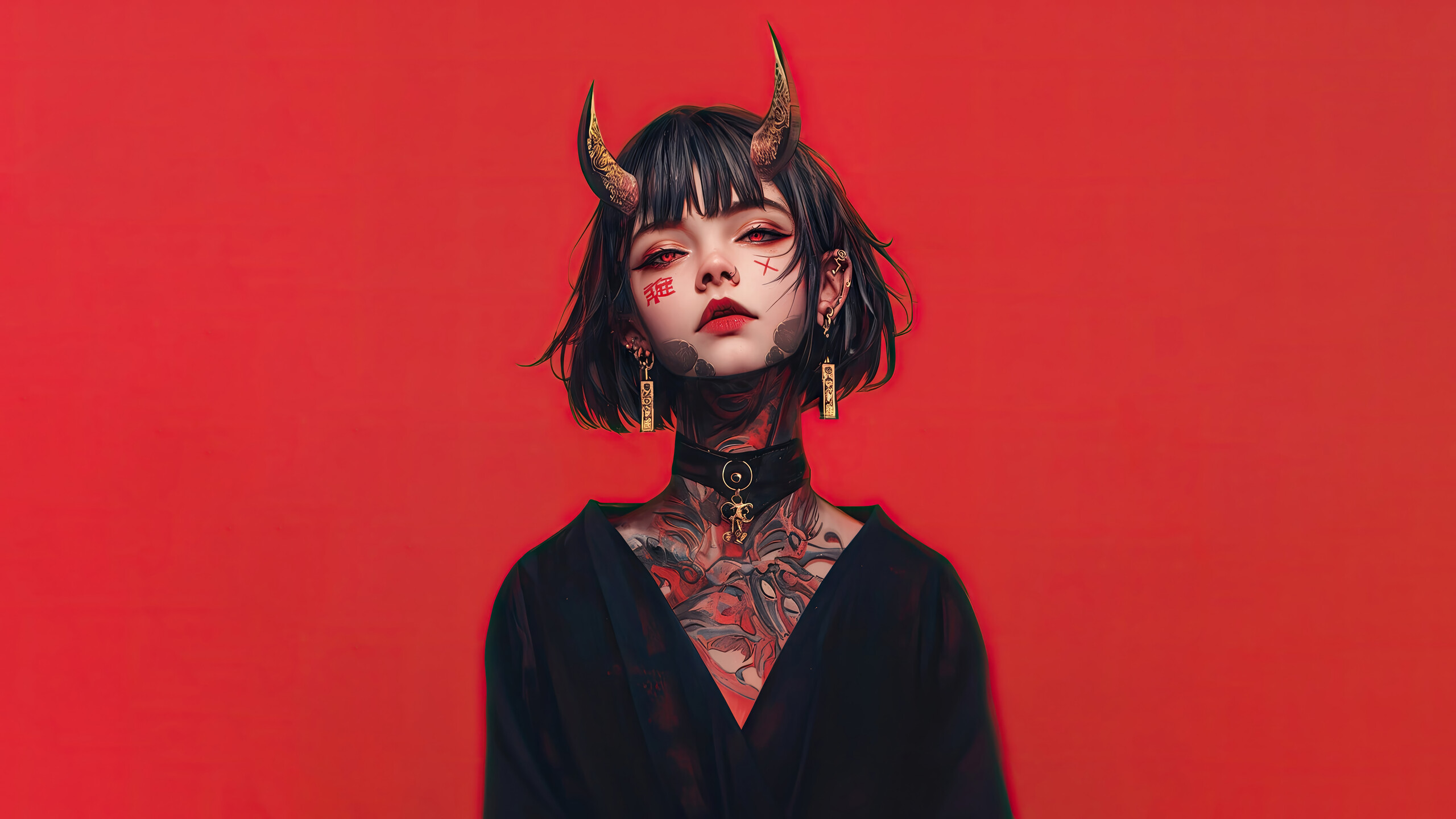 Anime Girl Tattoo Demon Horn 4K