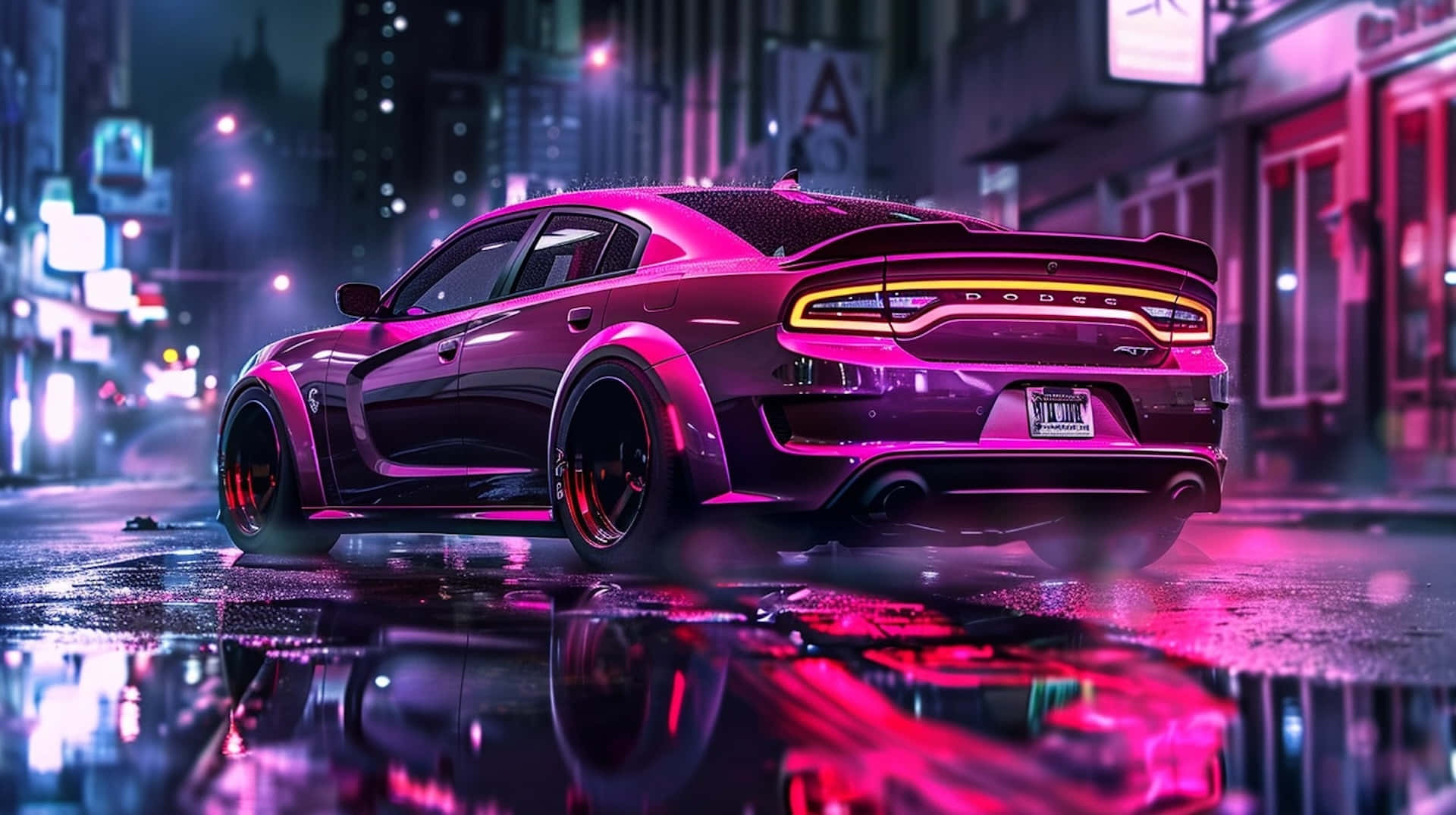 Download Purple Hellcat Charger Night Cityscape Wallpaper