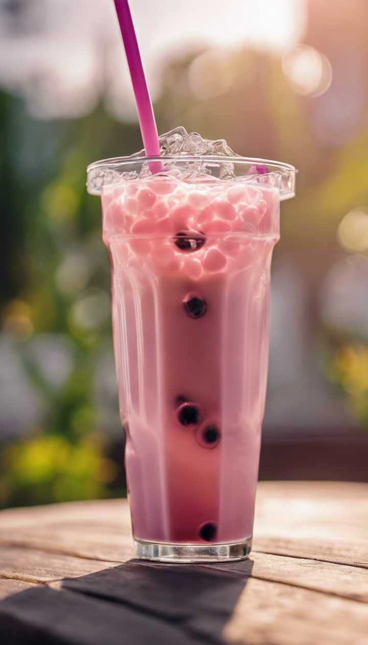 chilled pink boba tea glass
