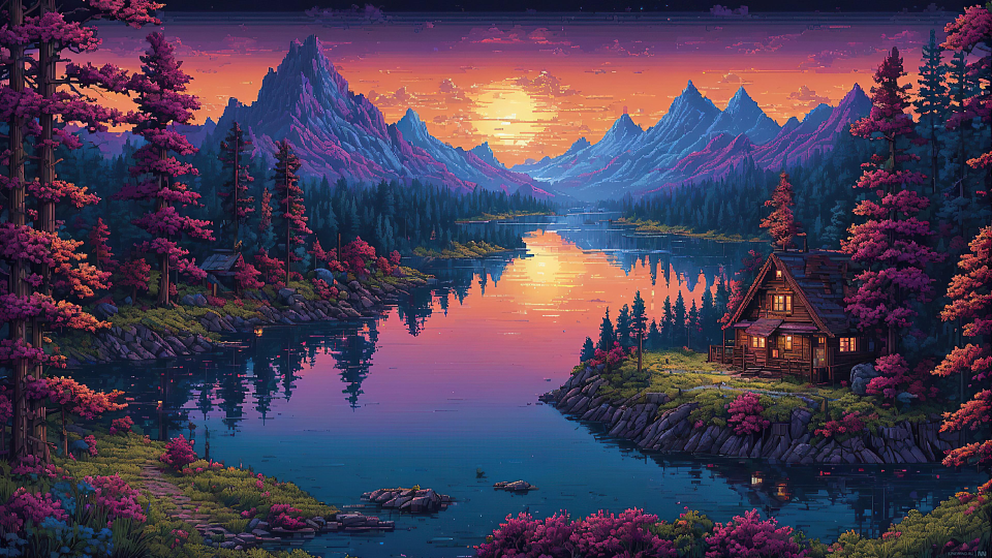 Pixel Lakes, Sunny And Sunset Art Landscape Series [3840x2160]