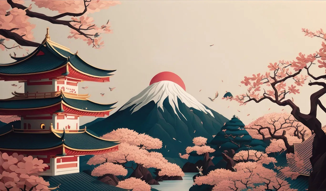 Japanese temple and mountain wallpaper