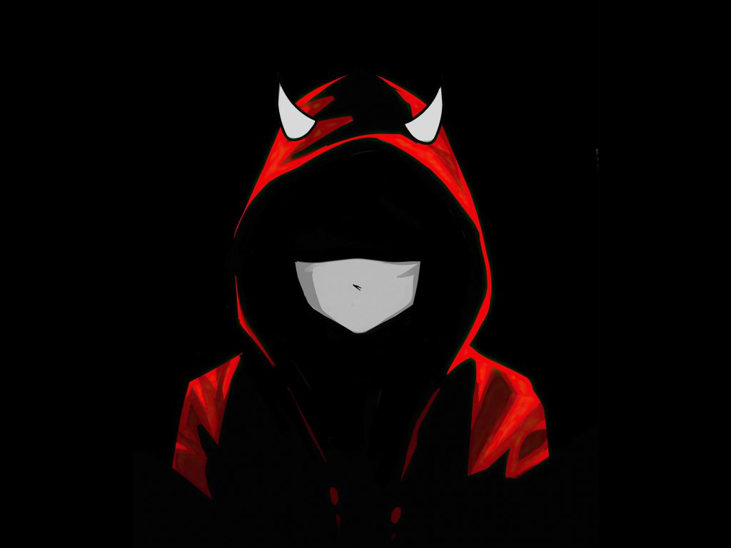 Devil boy in mask, red hoodie, dark