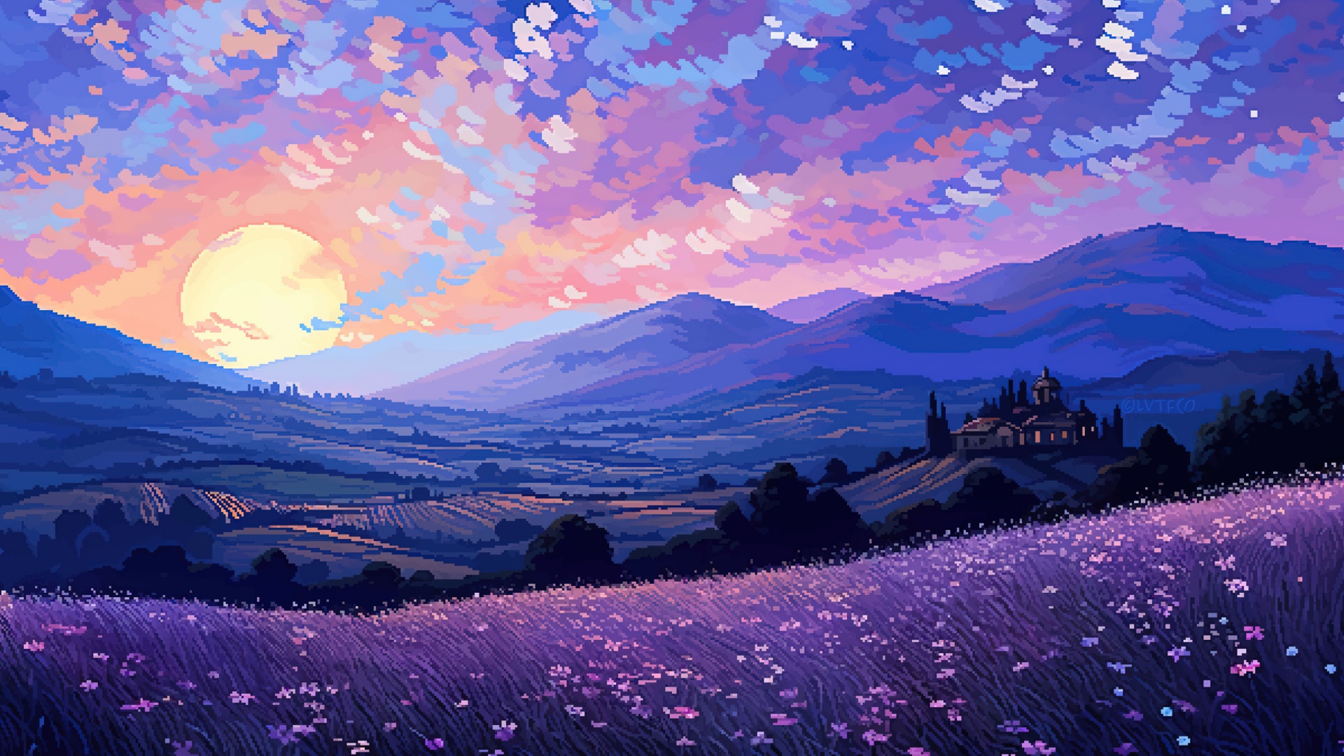Tuscany Wallpaper 4K, Pixel art, Sunset