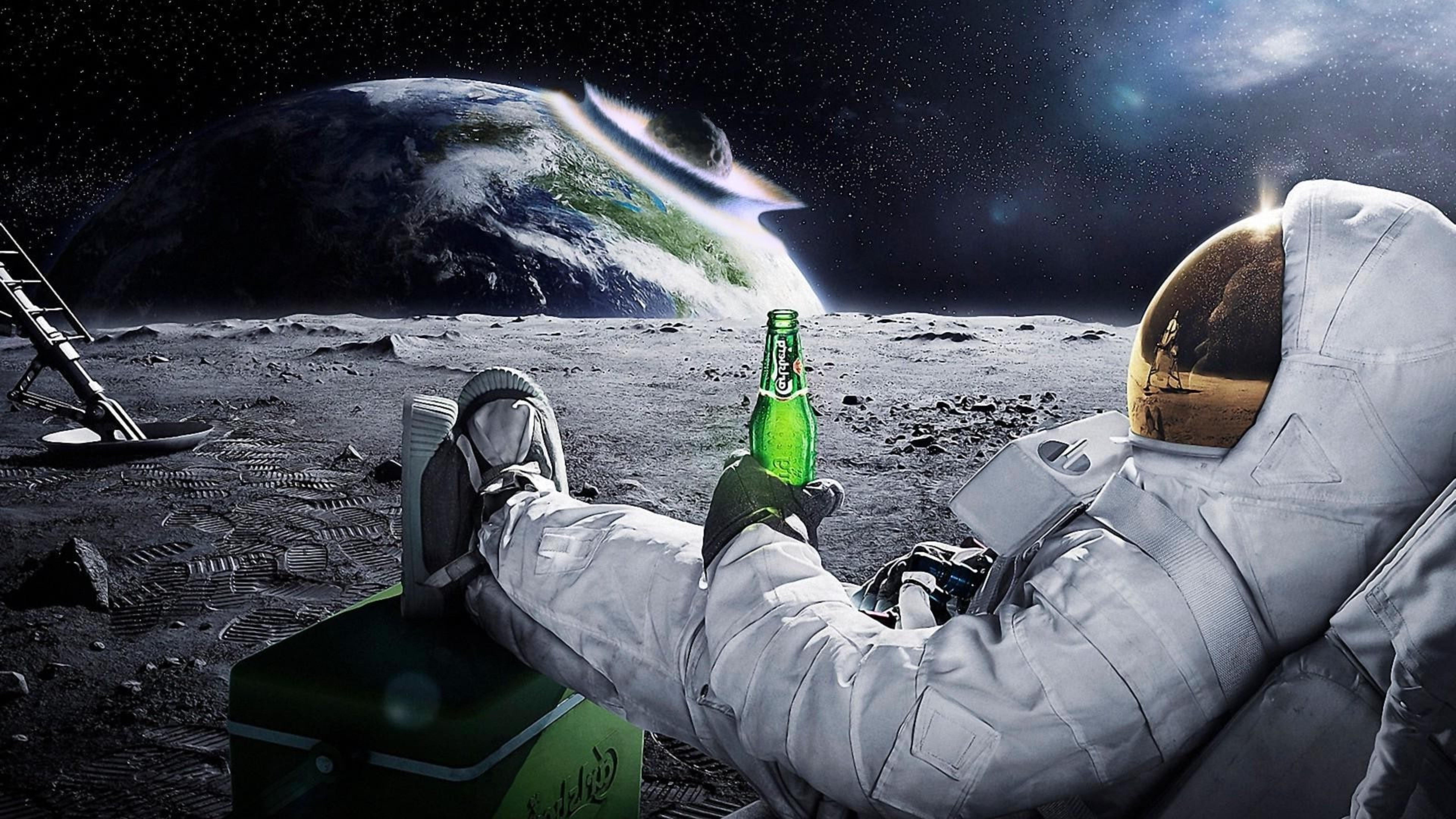 astronaut drinks beer and watches earth