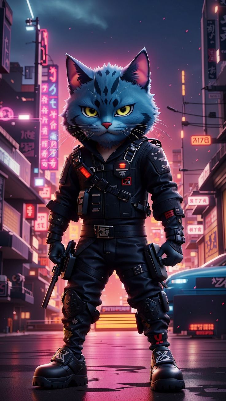 Wallpaper cat, warrior, city, buildings