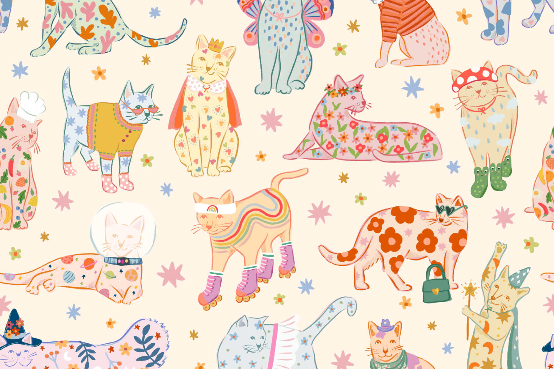 Bright Cats In Outfits Print Wallpaper