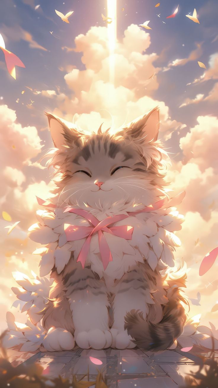 Free background 4k HD wallpaper cat, cute, fluffy, bow, smile, art, clouds background HD pc & mobile