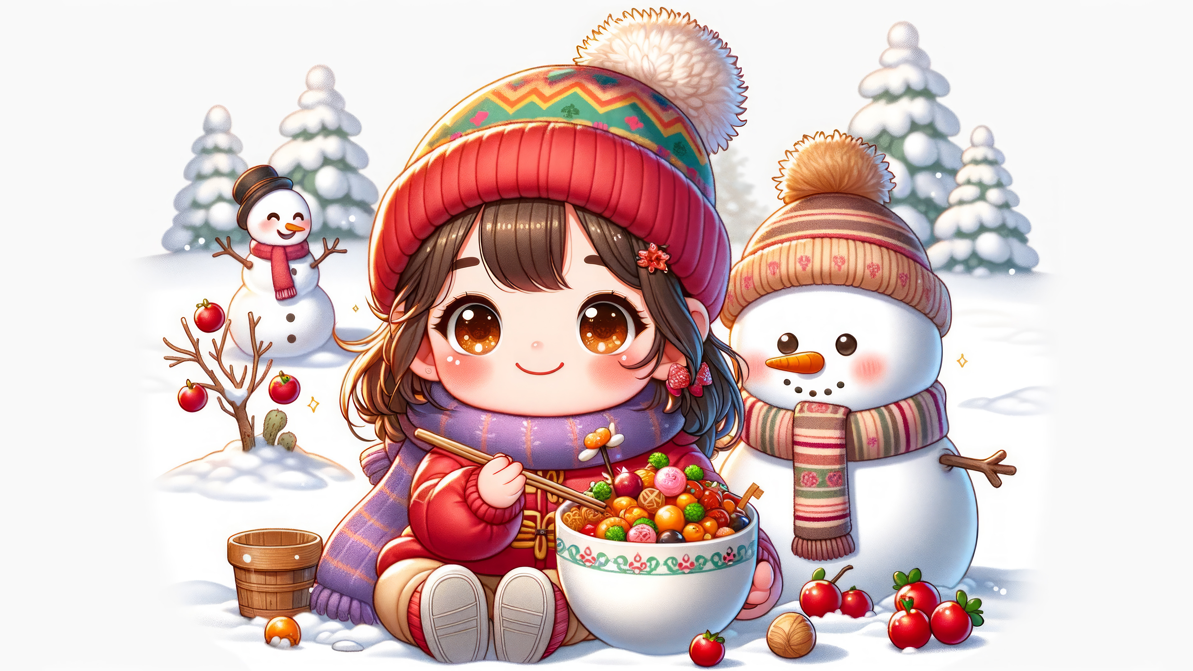 Cute Girl Snowman Christmas Wallpaper
