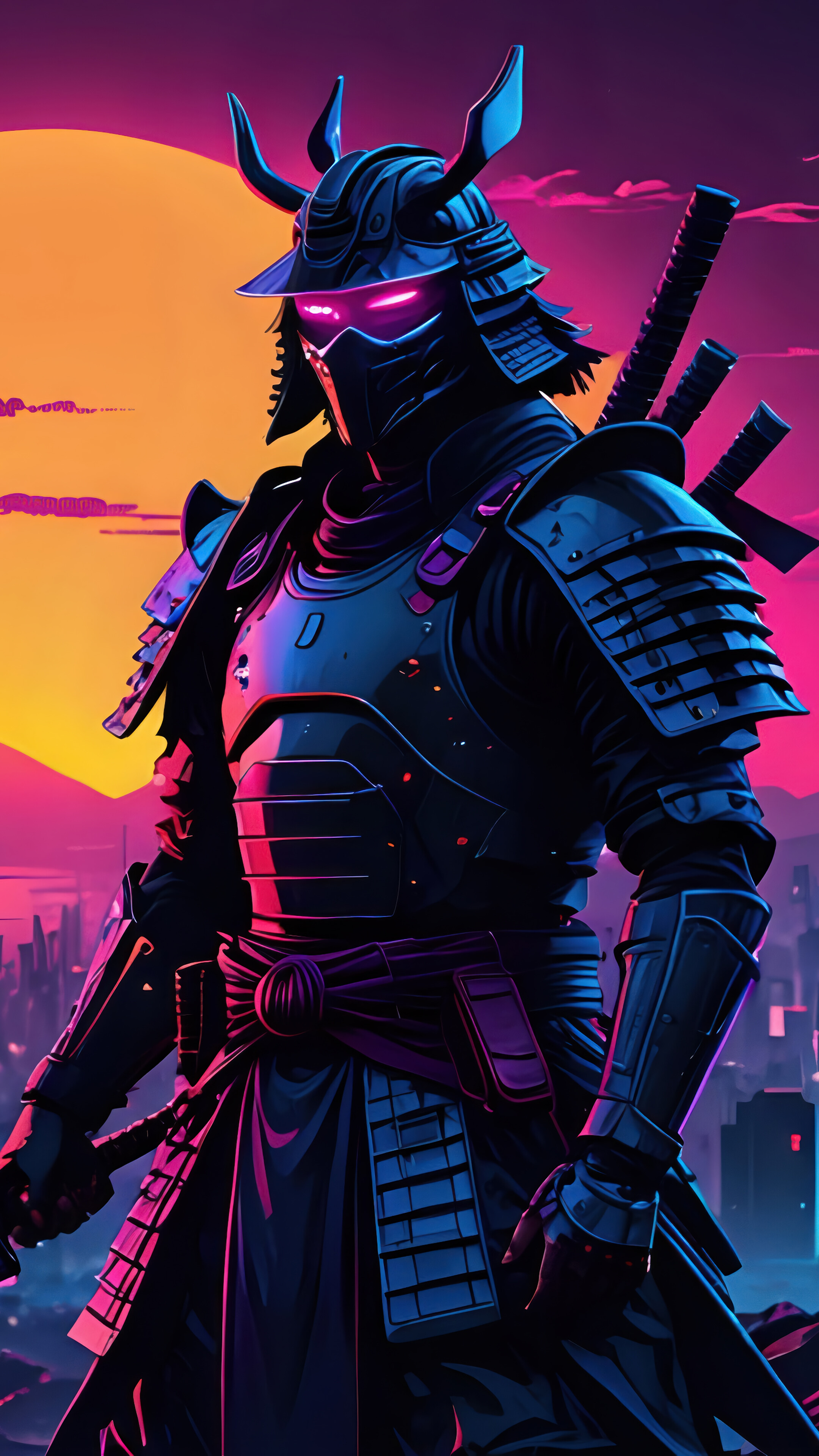 Samurai Sci Fi City Moon 4K Wallpaper