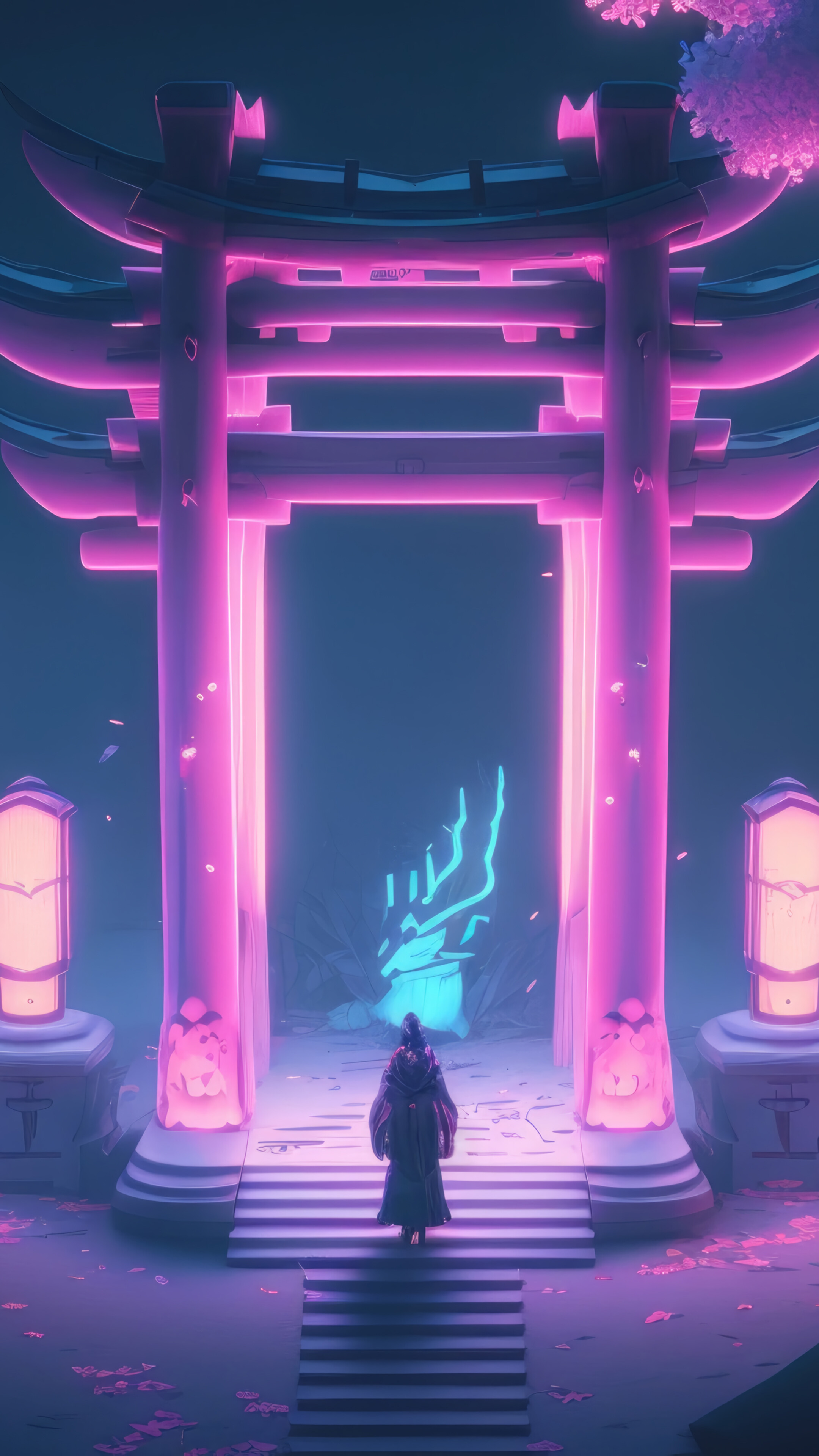 Night Torii Japanese Gate Lantern Trees