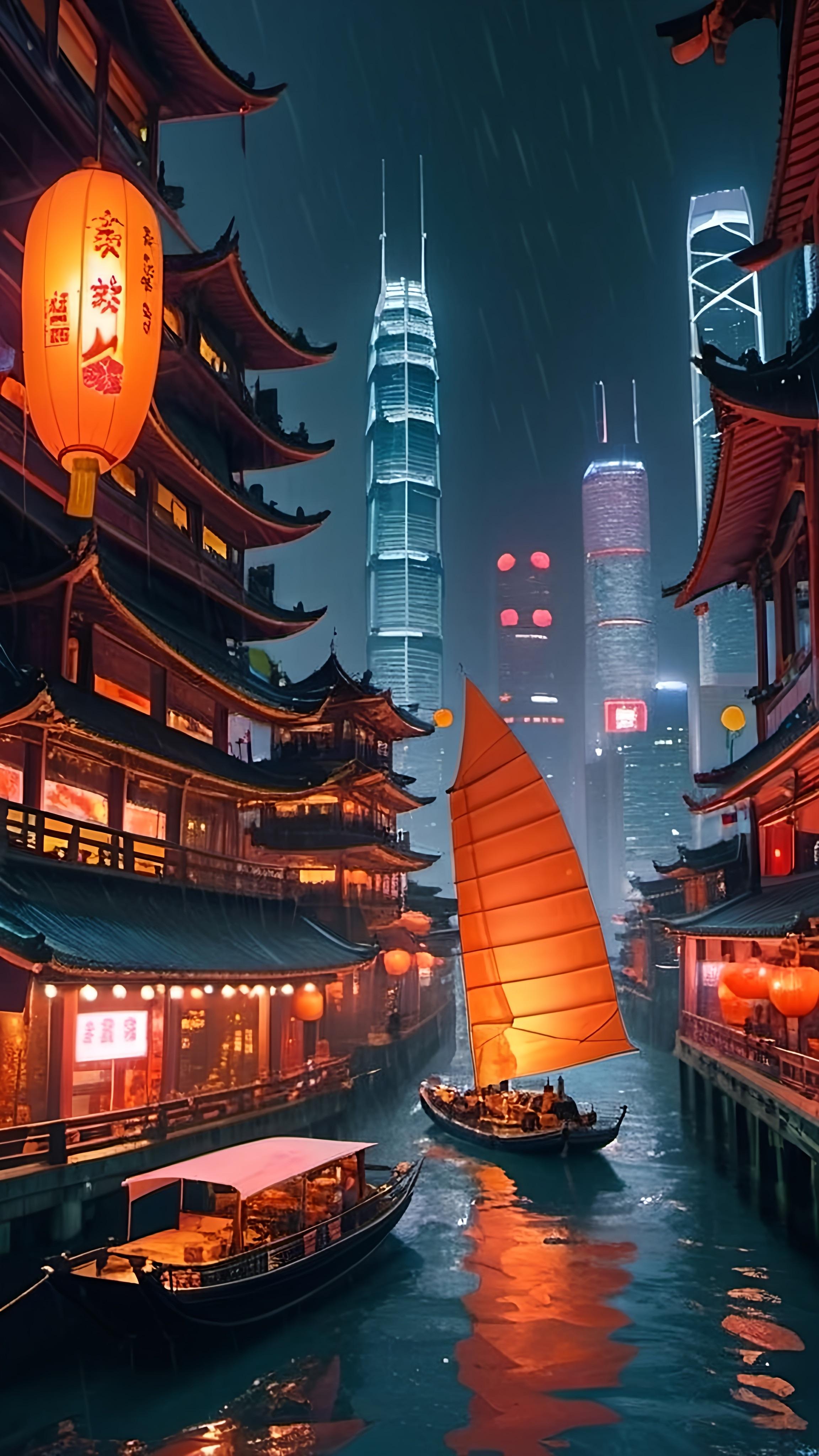 AI Asian cities and boats wallpaper