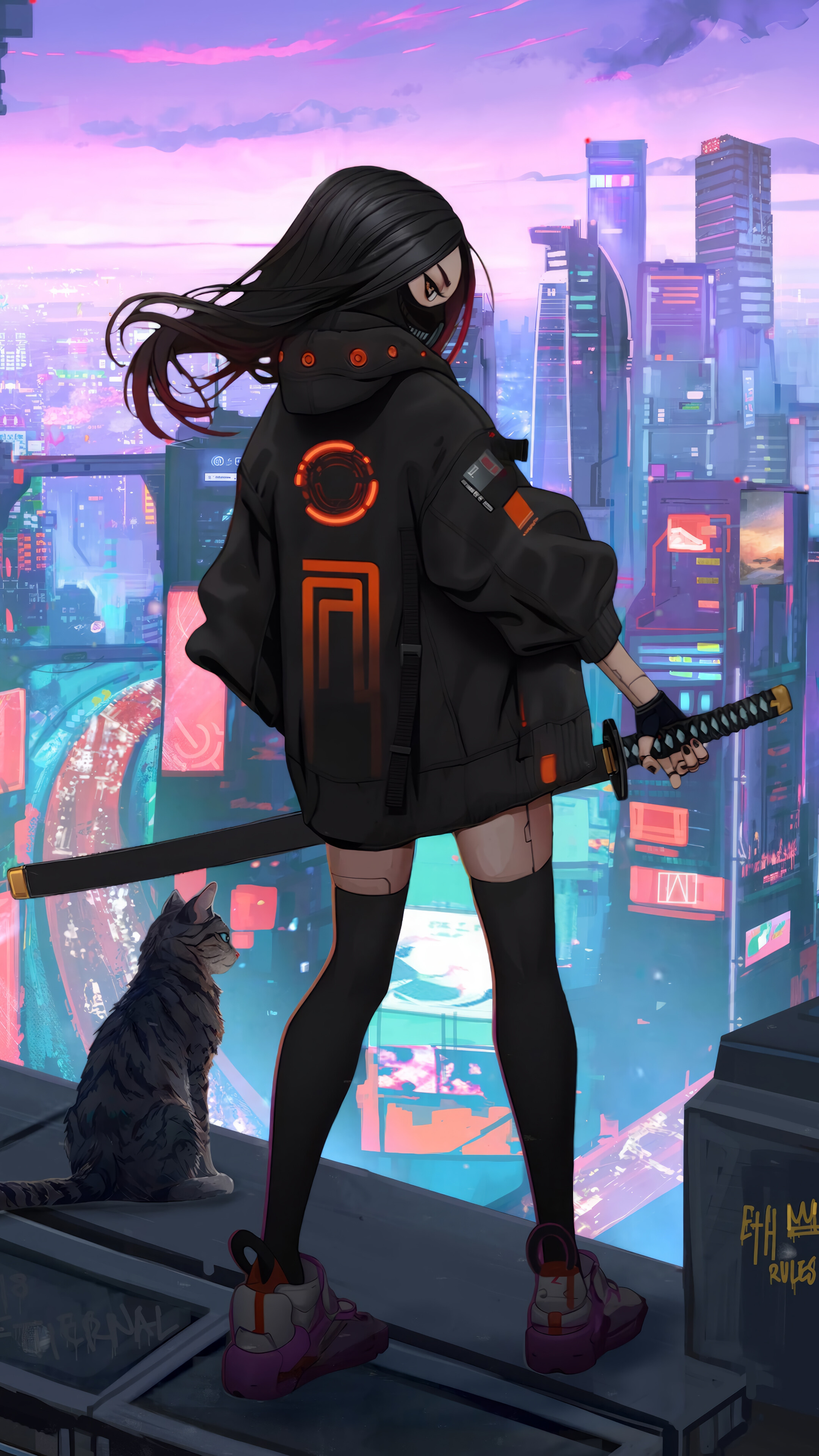 Cyberpunk Anime Girl Cat Sci Fi City 4K