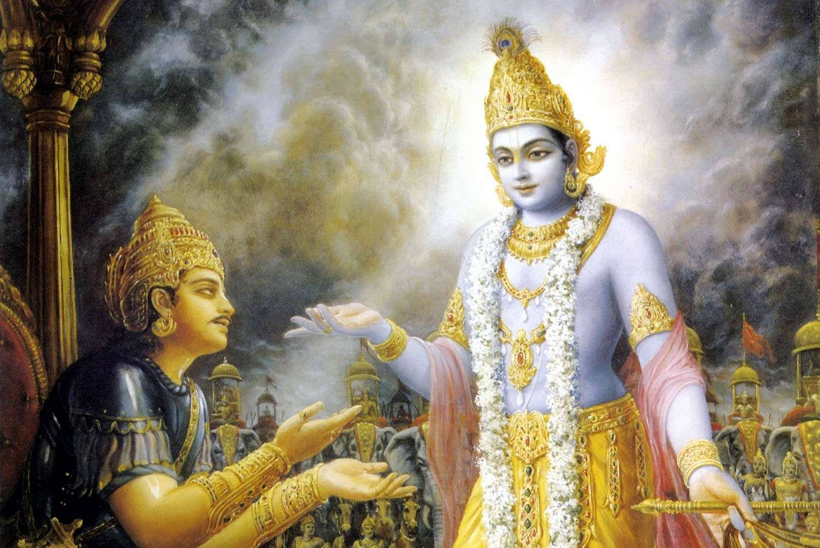 Download Divine Discourse Krishna Guiding Arjuna In The Epic Mahabharata Wallpaper