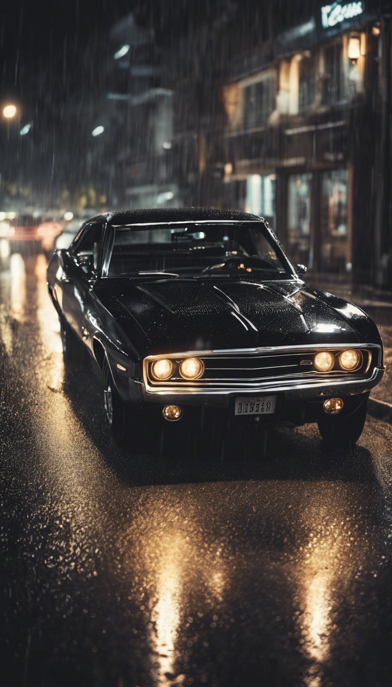 Classic black muscle car speeding on a