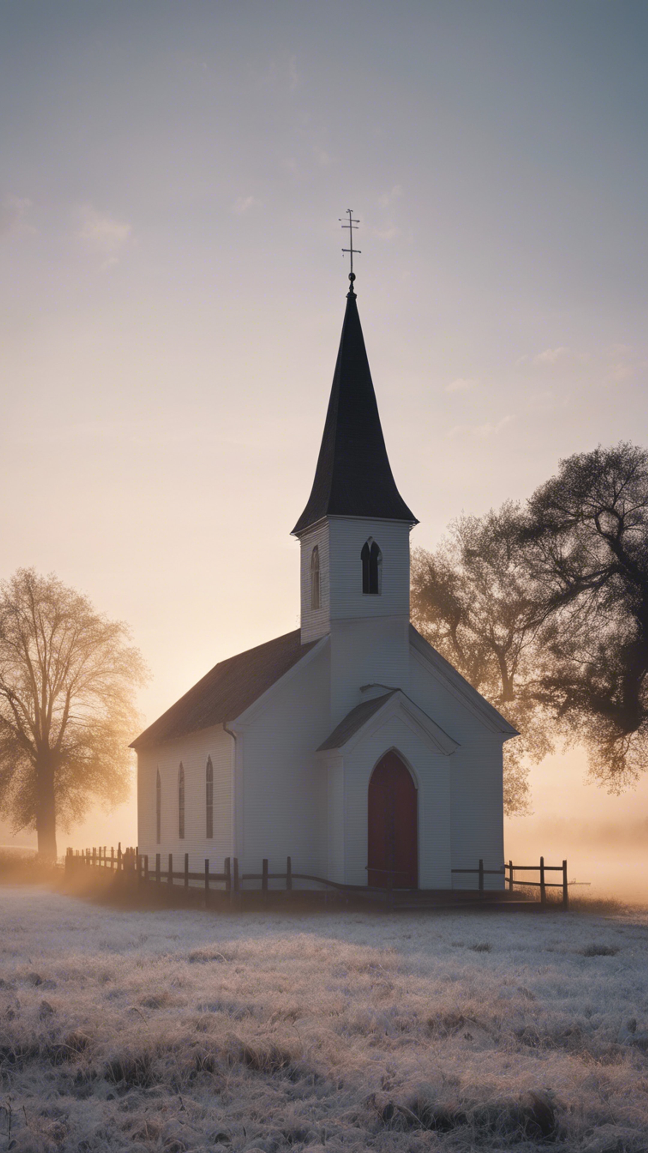 A country church at sunrise, with a