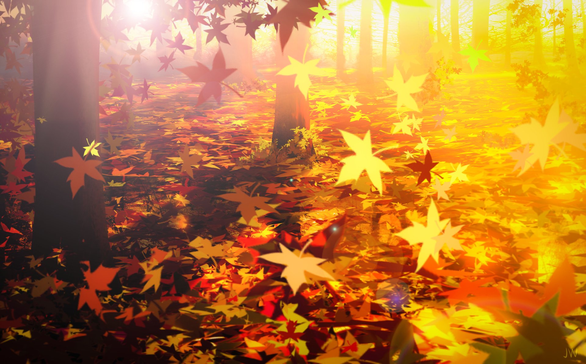 4K Ultra HD Anime Autumn Leaves in a Radiant Forest by 画师JW