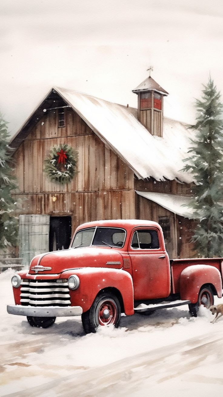 Watercolor Red Vintage Christmas Truck