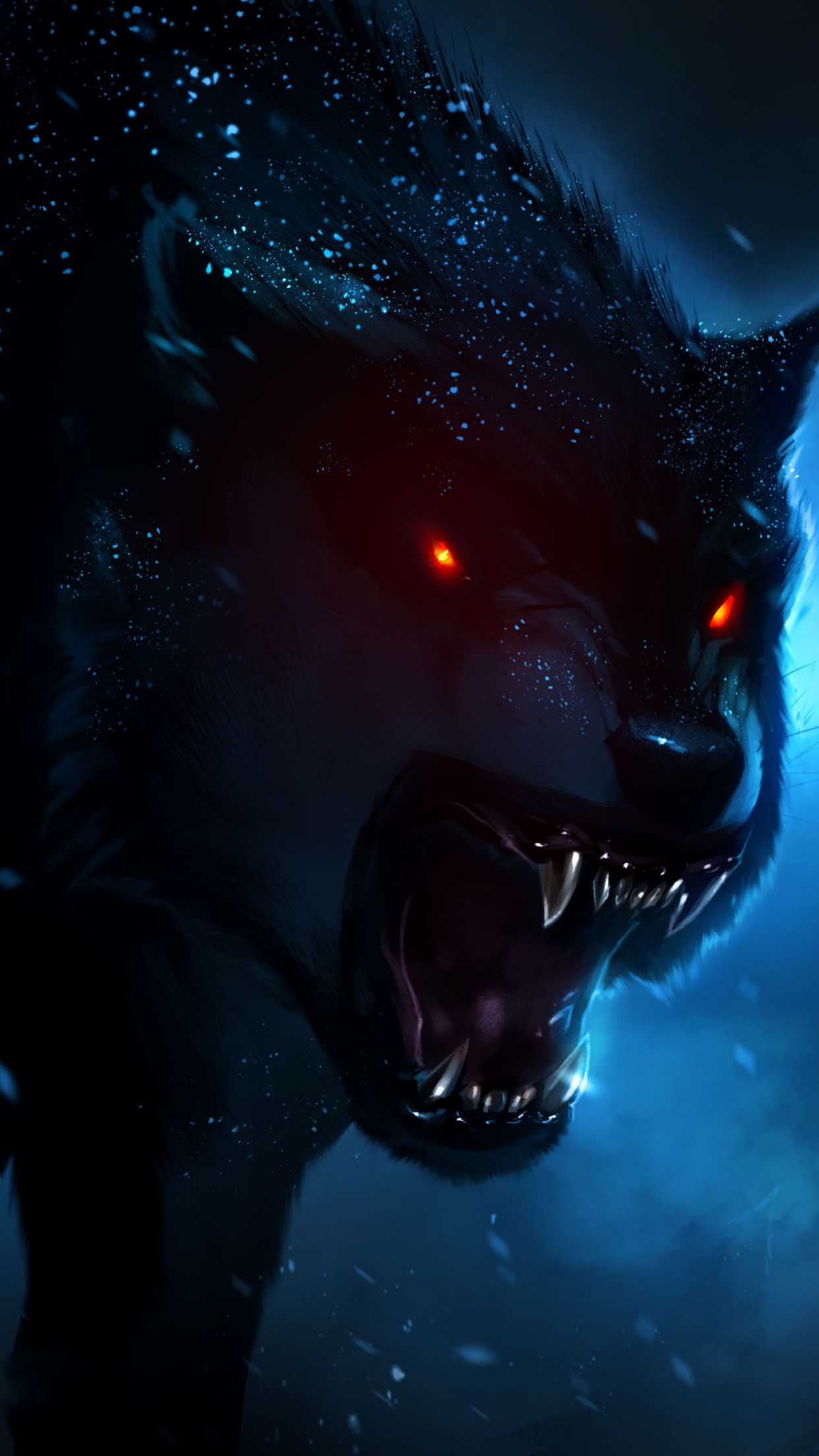 Black Wolf Wallpaper 4K, Red eyes, Snowfall