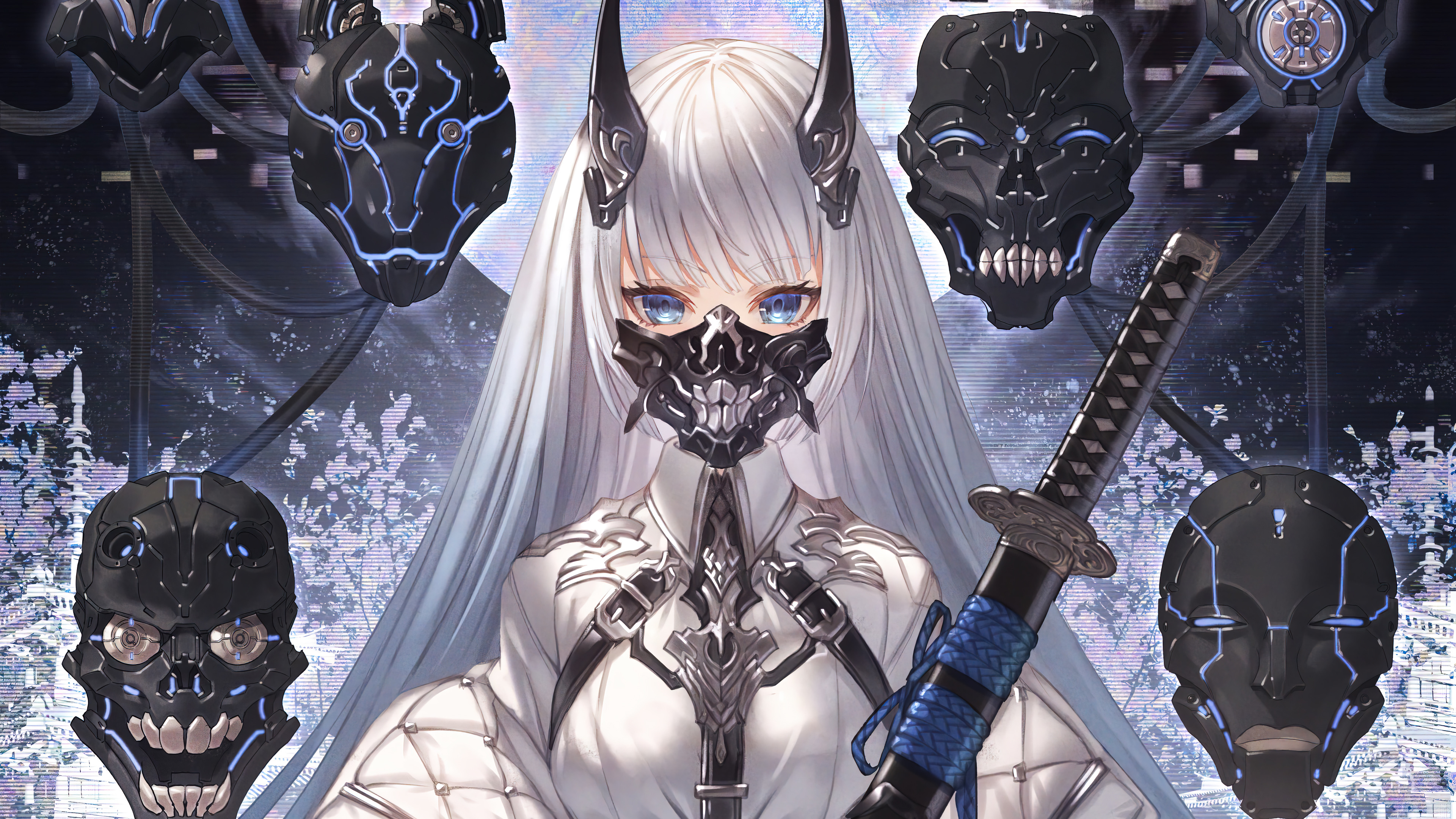 Anime Girl Mask Katana White Hiar Wallpaper 4K PC Desktop f