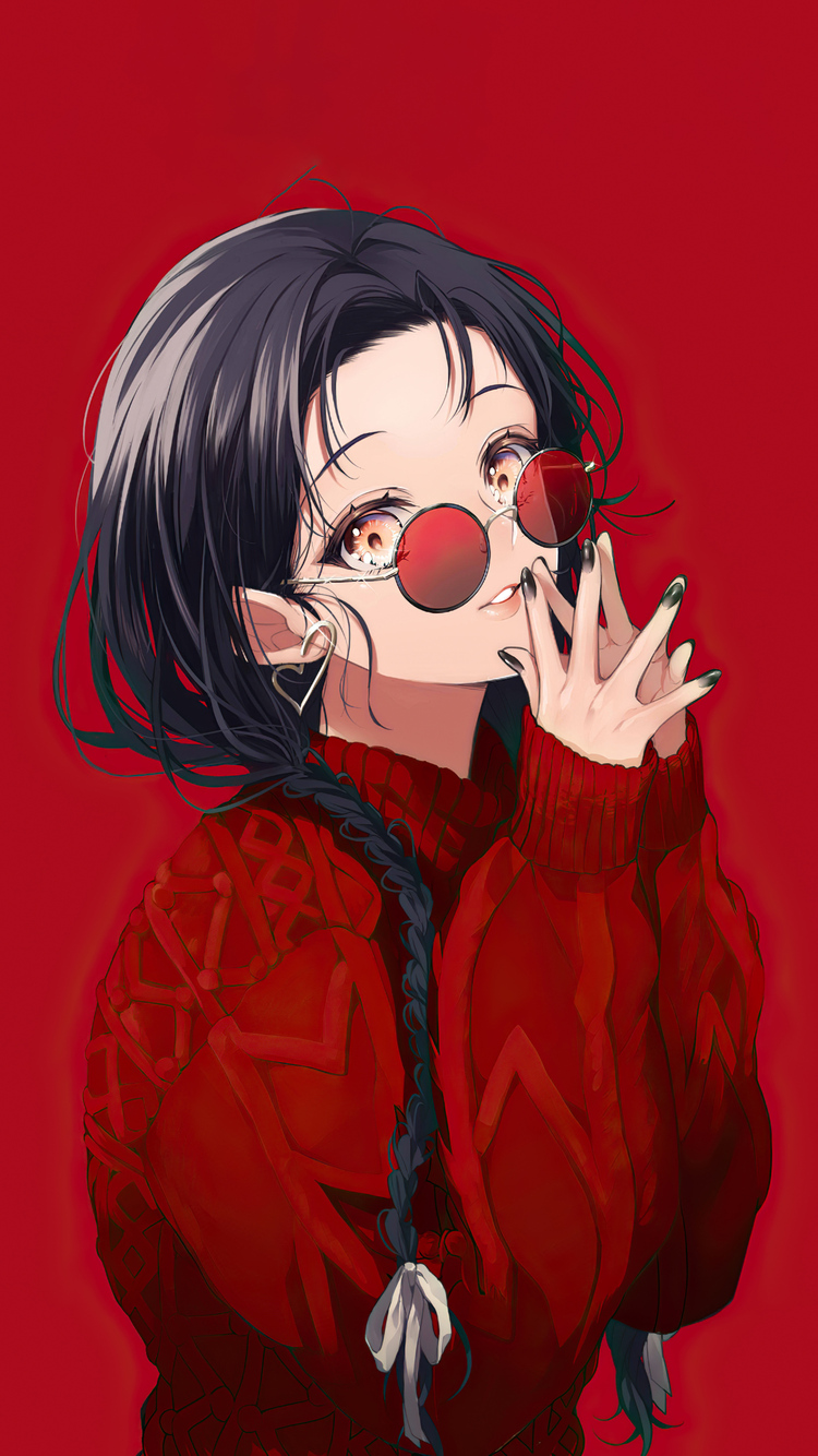 Anime Girl Red Glasses 4k