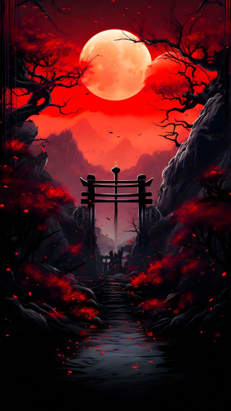 Red Moon Torii iPhone Wallpaper 4K