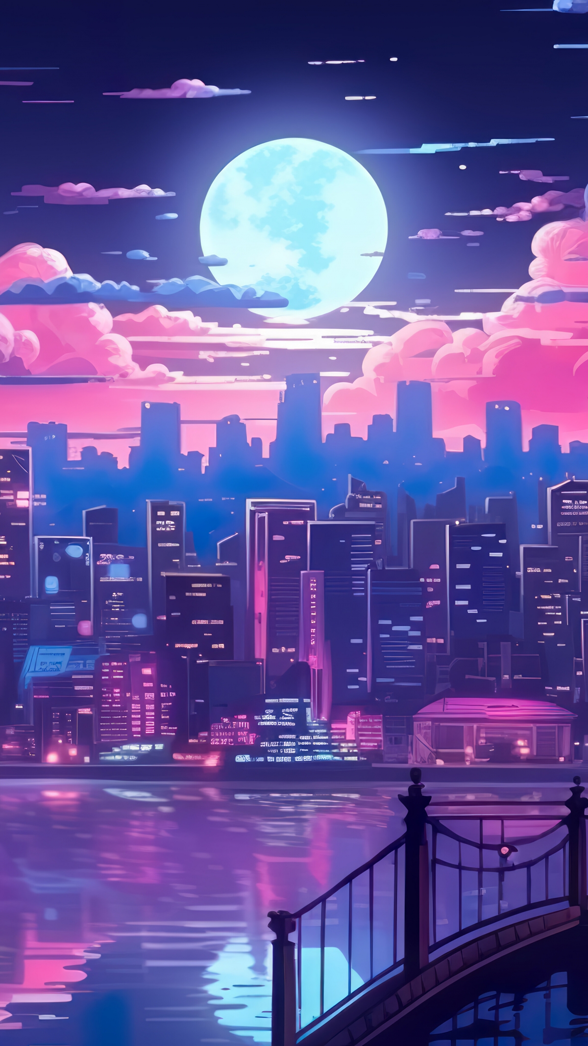 Anime Style Neon City Wallpaper