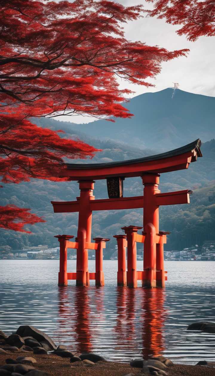 scenic landscape of the red Torii gate