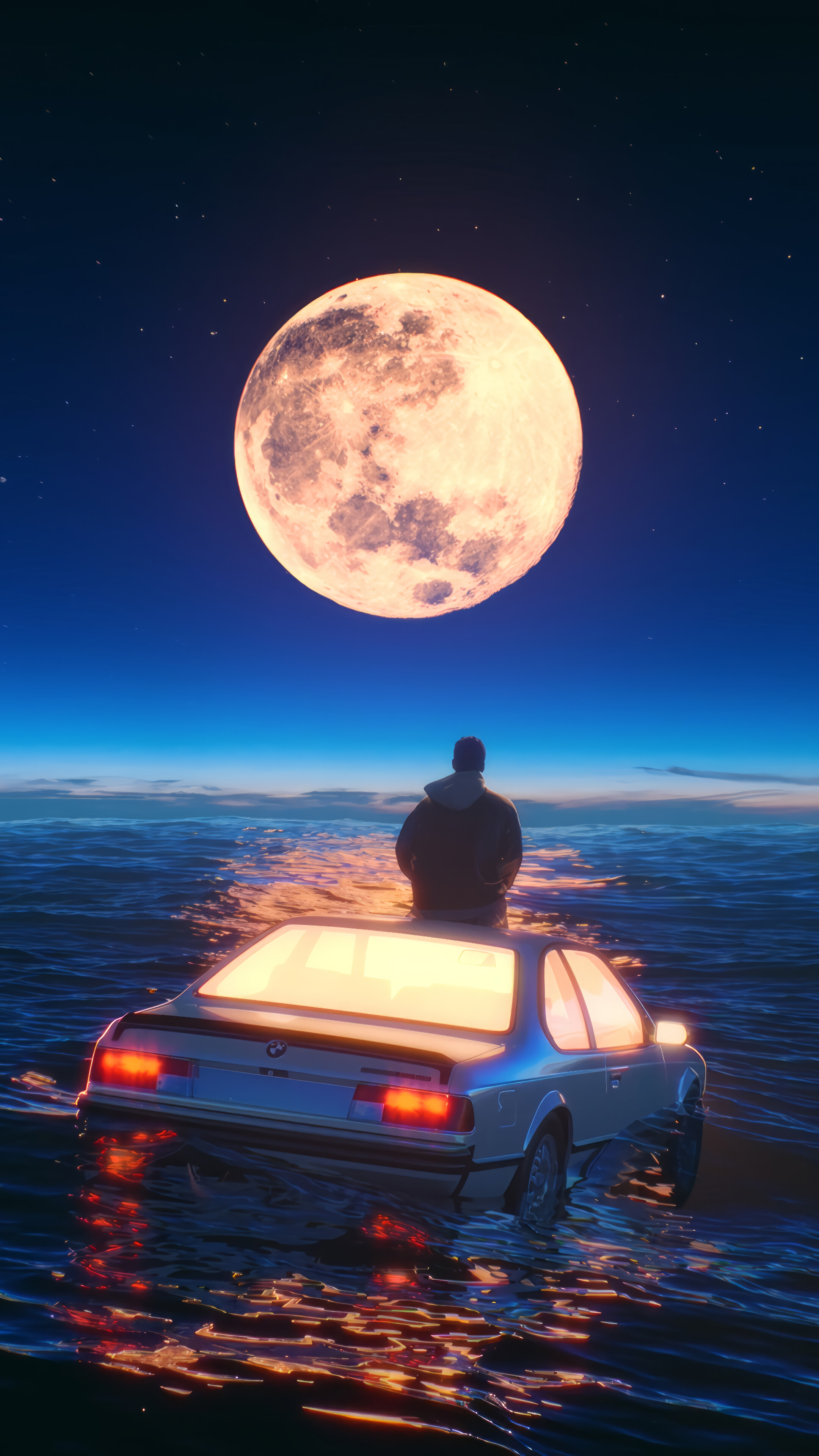 Ocean Car Floating Full Moon Scenery