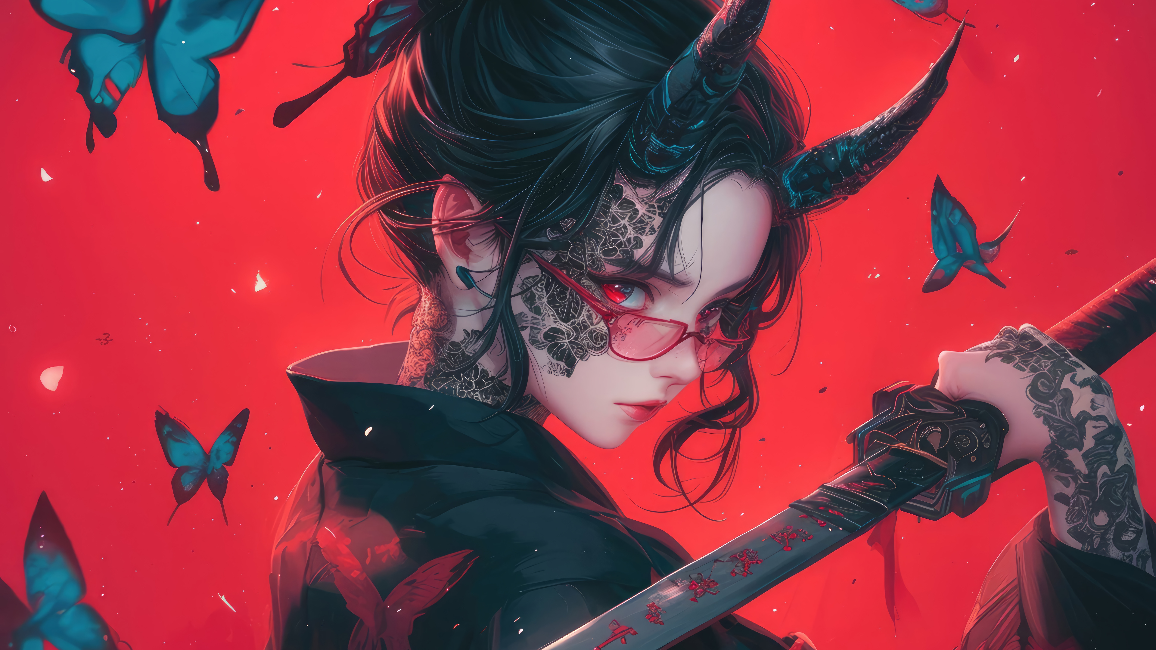 Demon Anime Girl Horn Glasses Katana