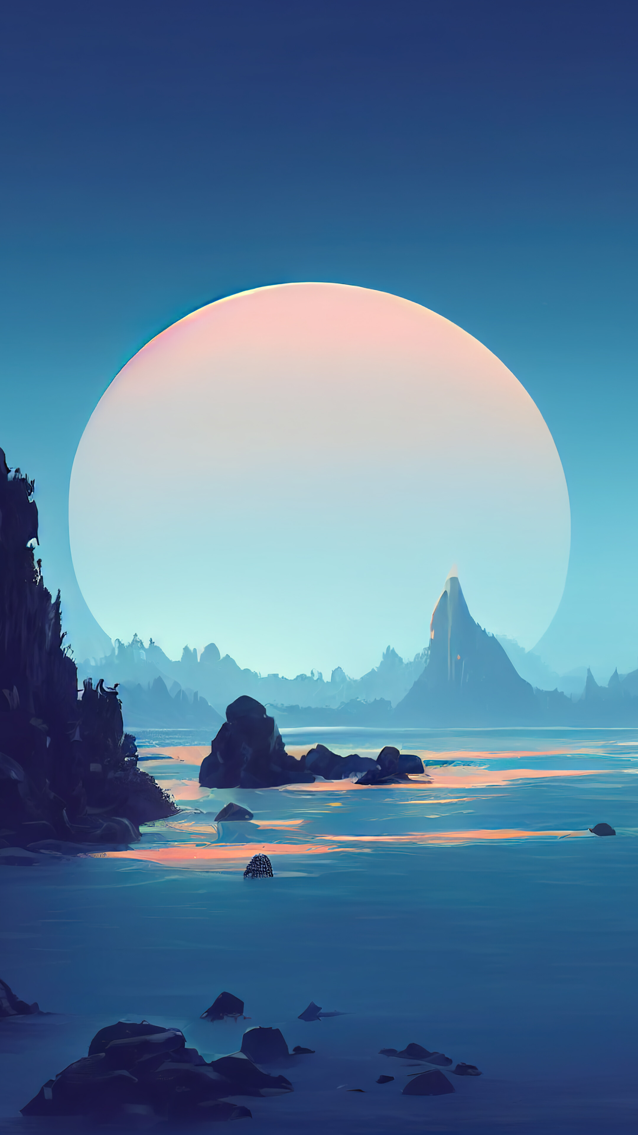 Sea Full Moon Scenery Digital Art 4K
