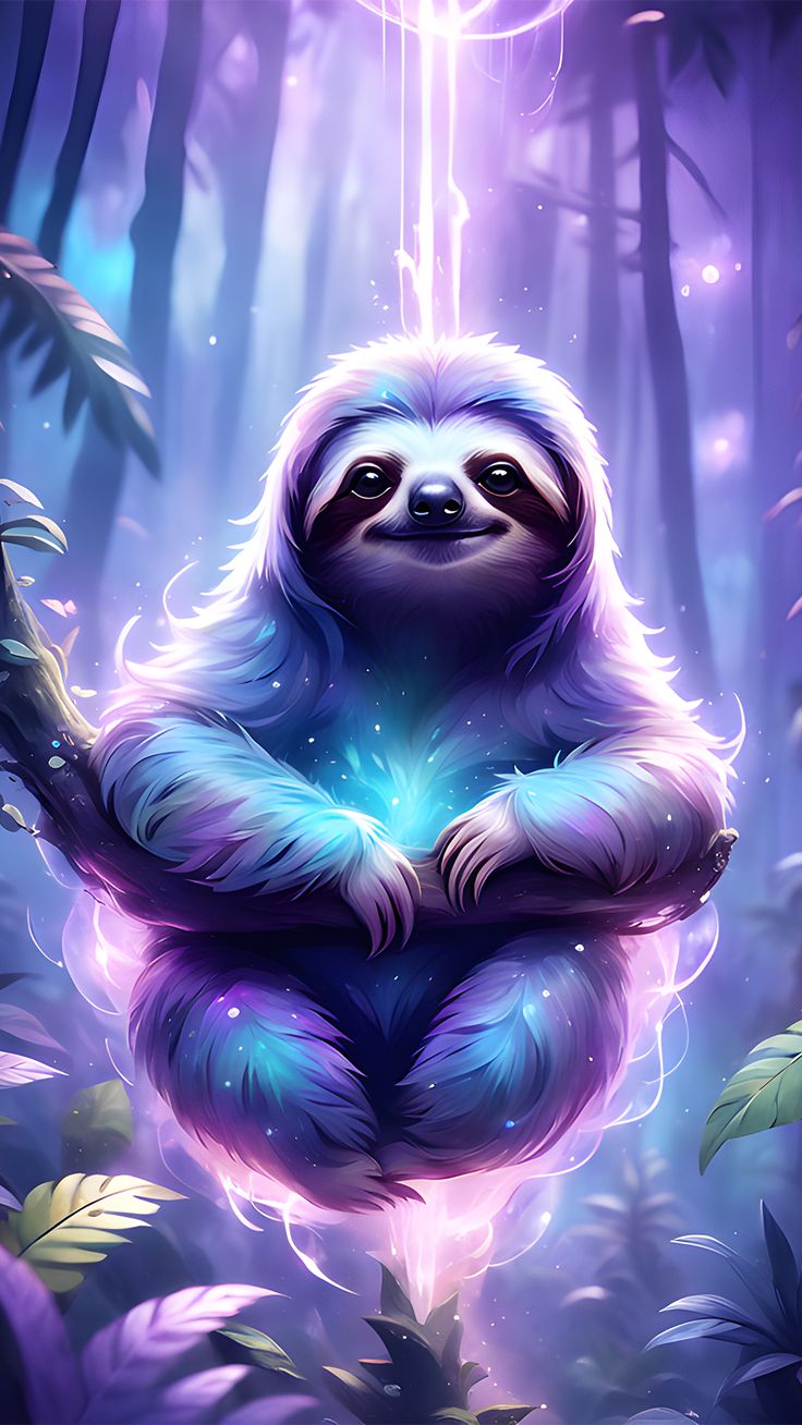 Cute Fluffy Sloth in Magical Forest