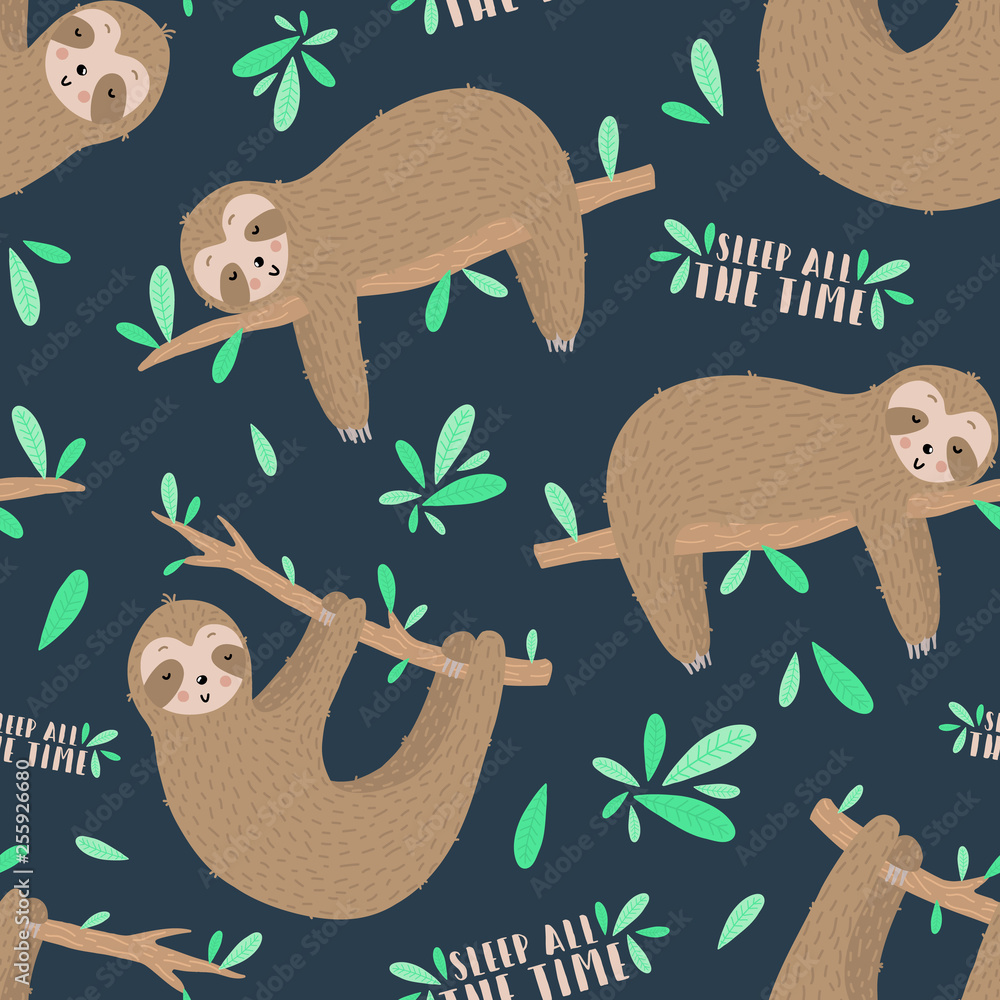 Seamless pattern of sleepy sloths