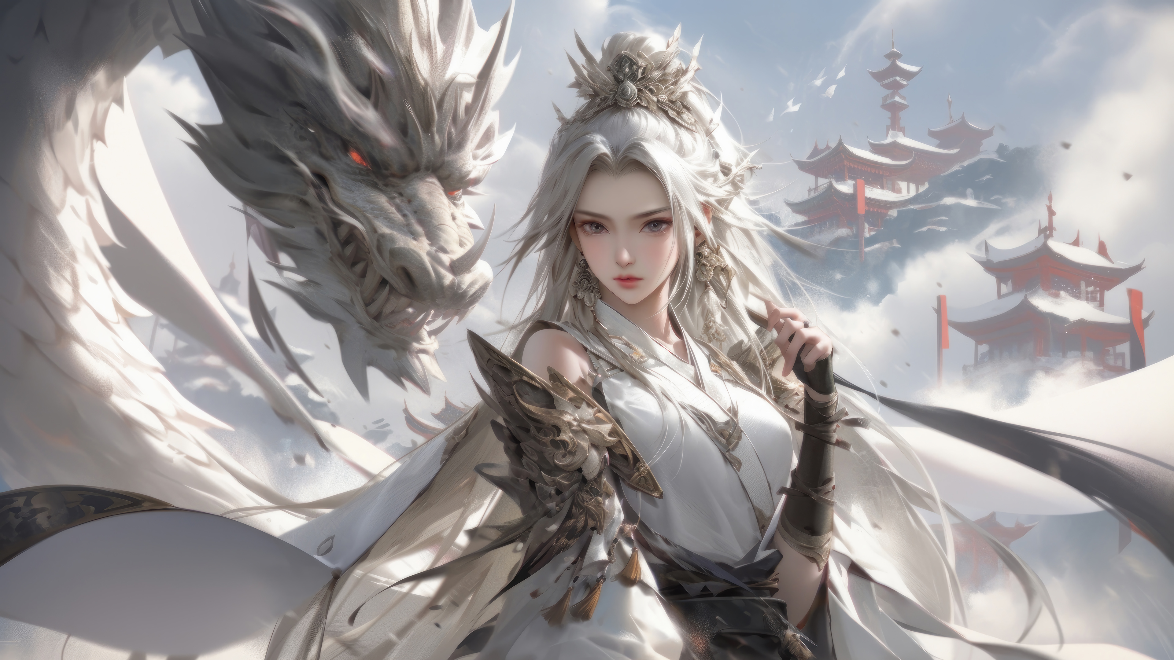 White Dragon Fantasy Wallpaper 4K HD PC