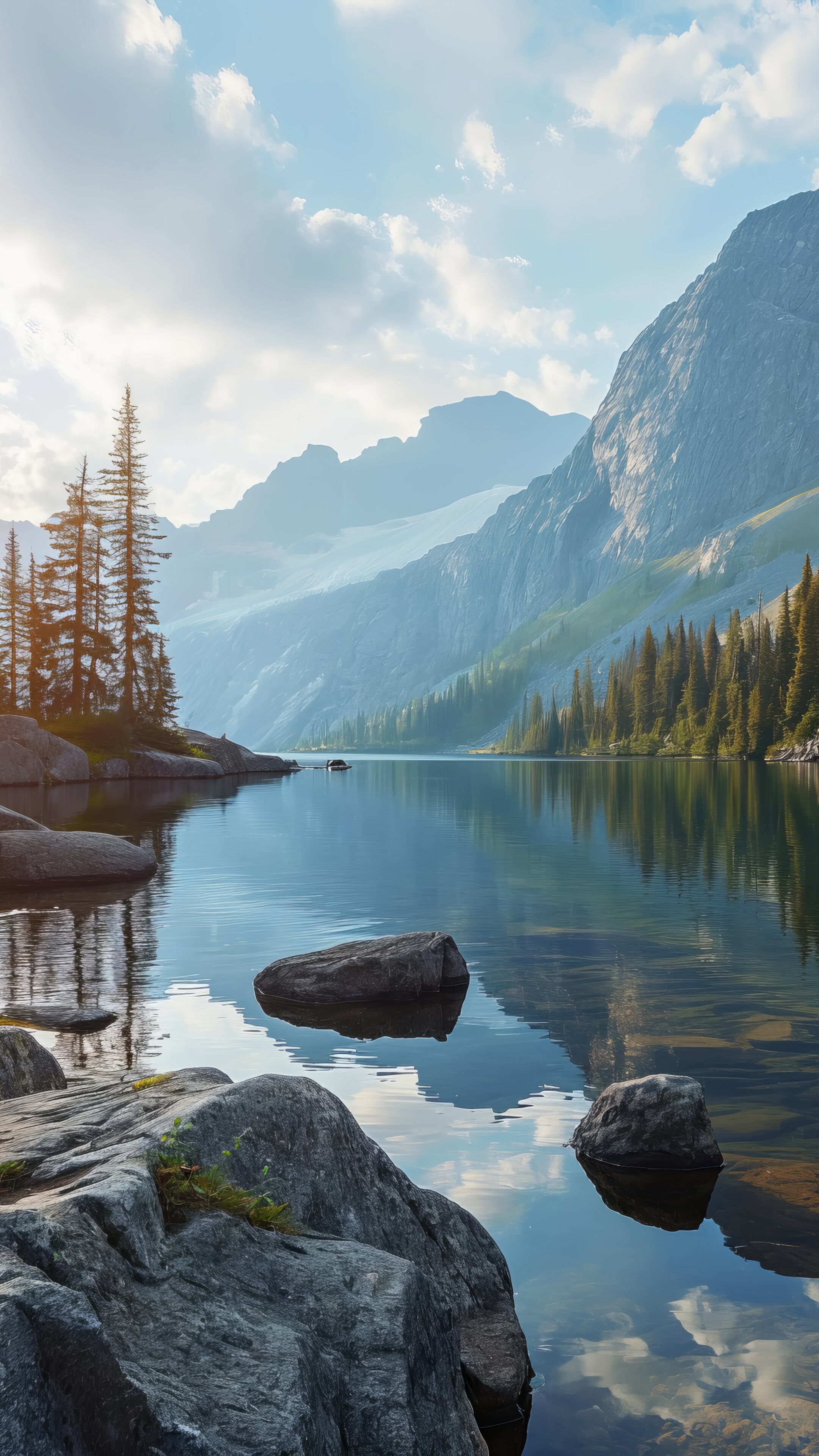 Lake Moutain Tree Forest Scenery 4K