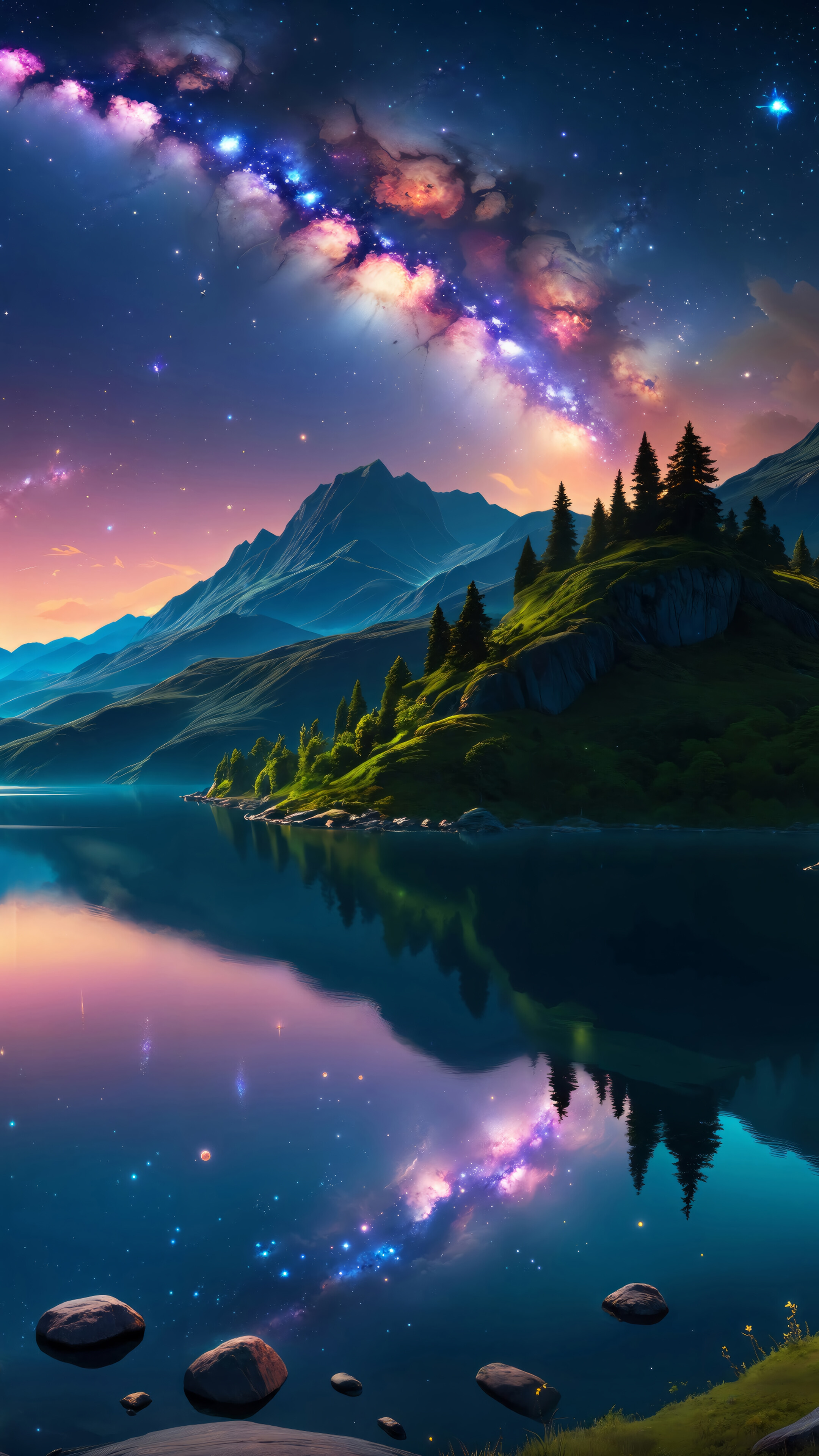 Lake Night Scenery Digital Art 4K