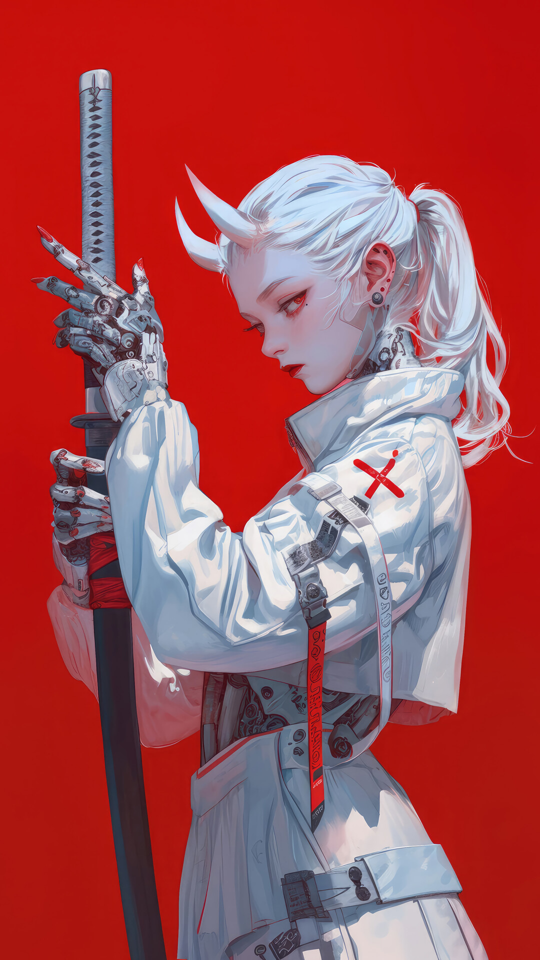 Anime Girl Katana Sci Fi Demon Horn 4K