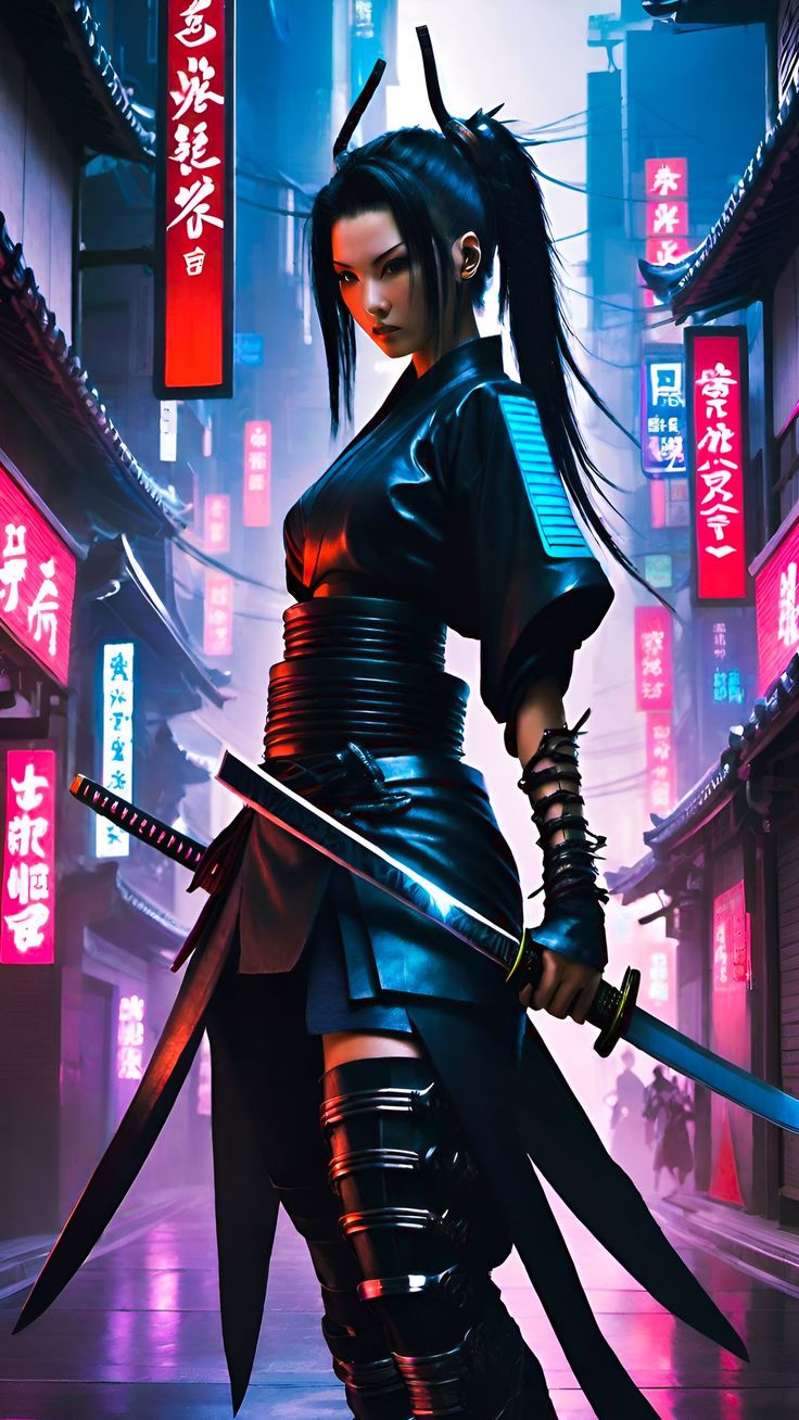Wallpaper girl, samurai, katana, city