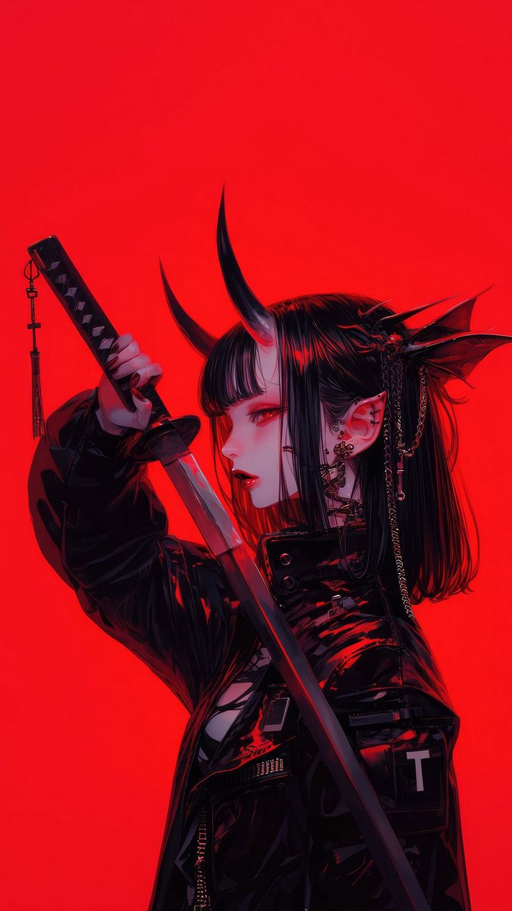 Wallpaper girl, horns, katana, demon