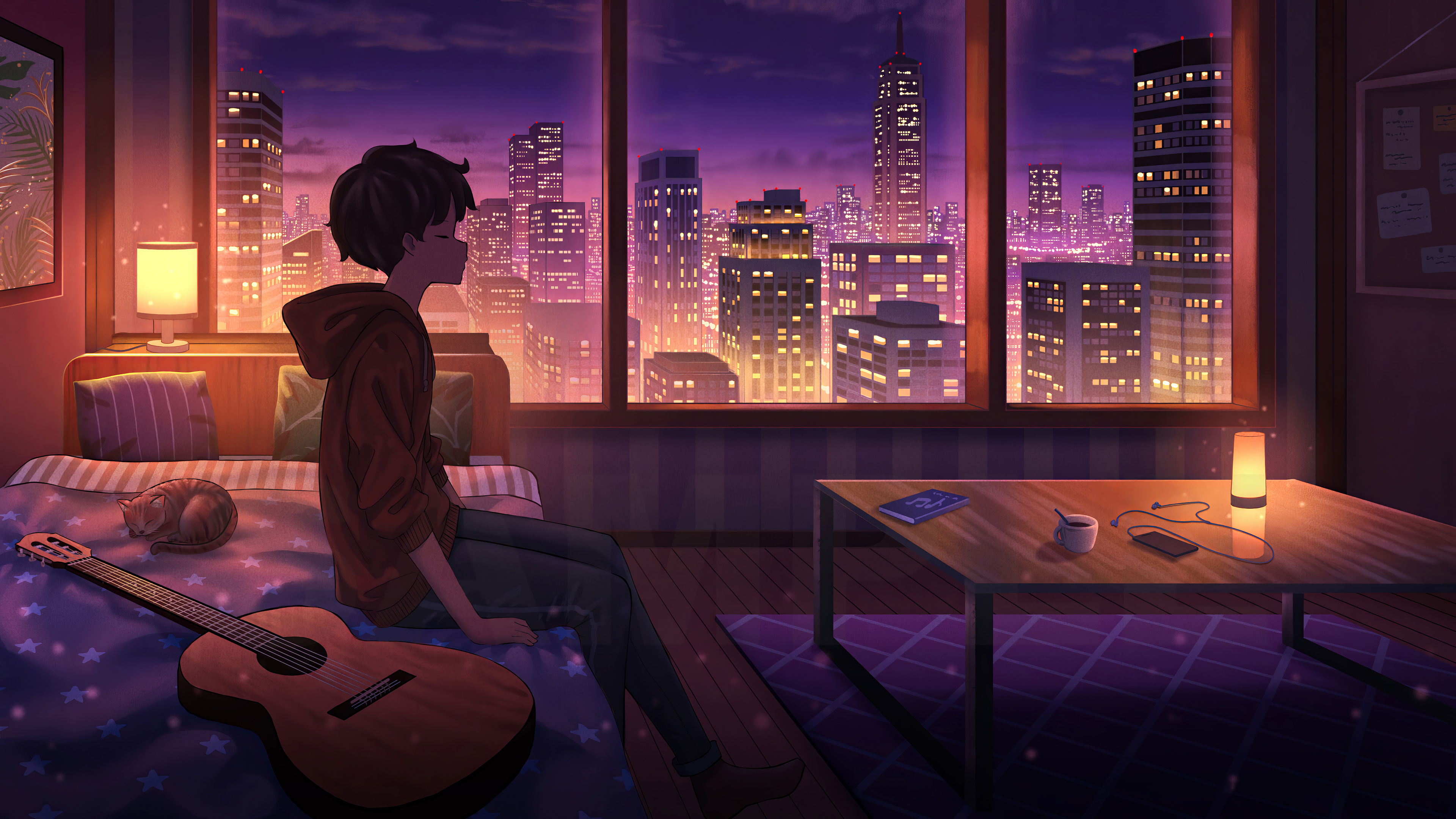 Anime Boy Window City Building Scenery