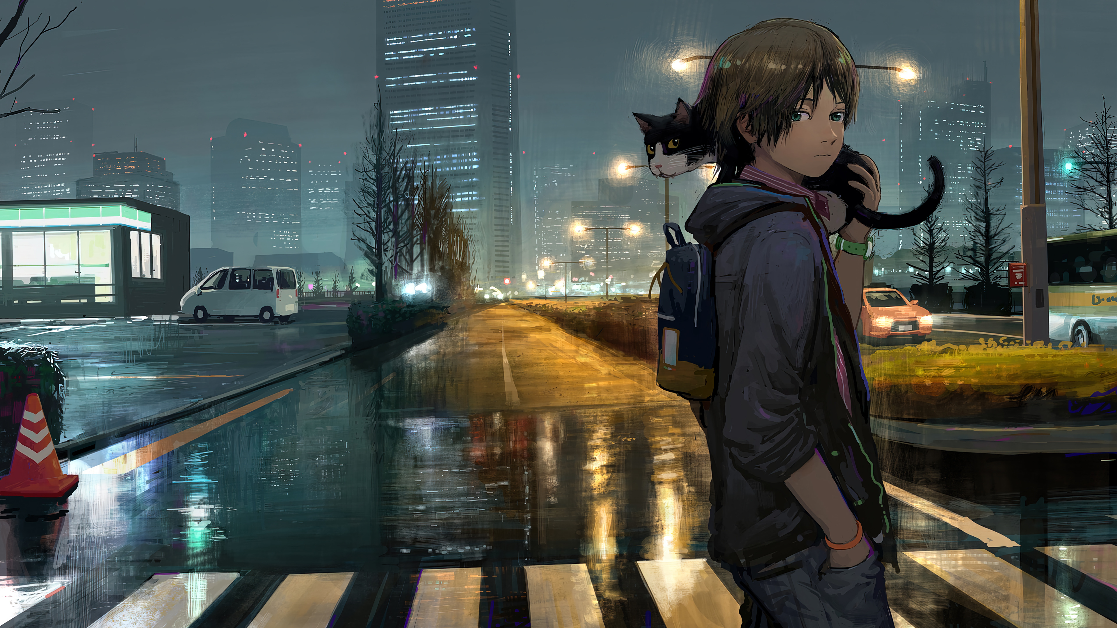 Anime Boy Cat Night City Wallpaper 4K