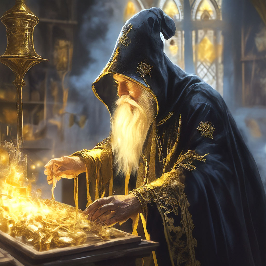 Magic workshop, wise old magician