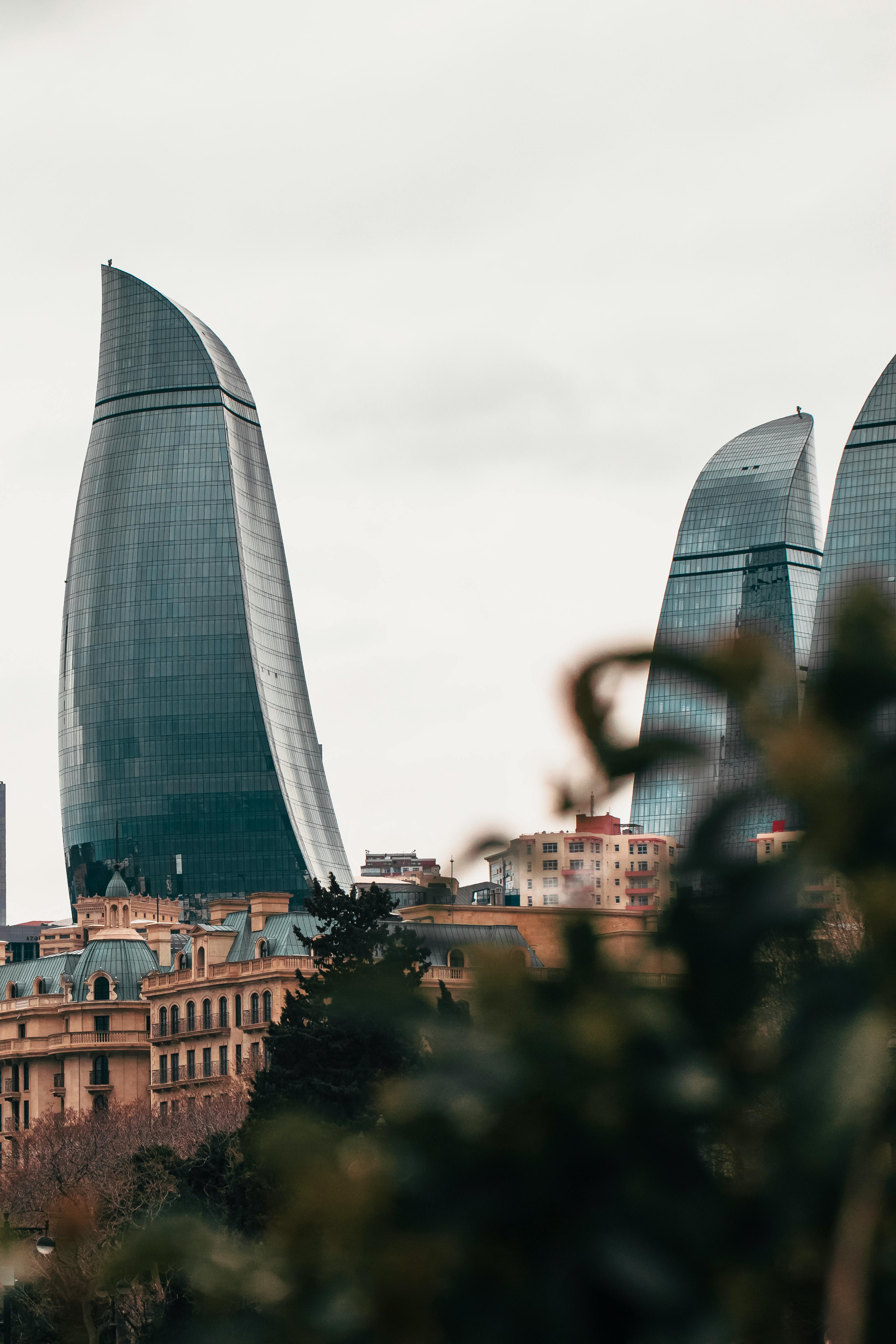 Flame Towers in City Skyline of Baku