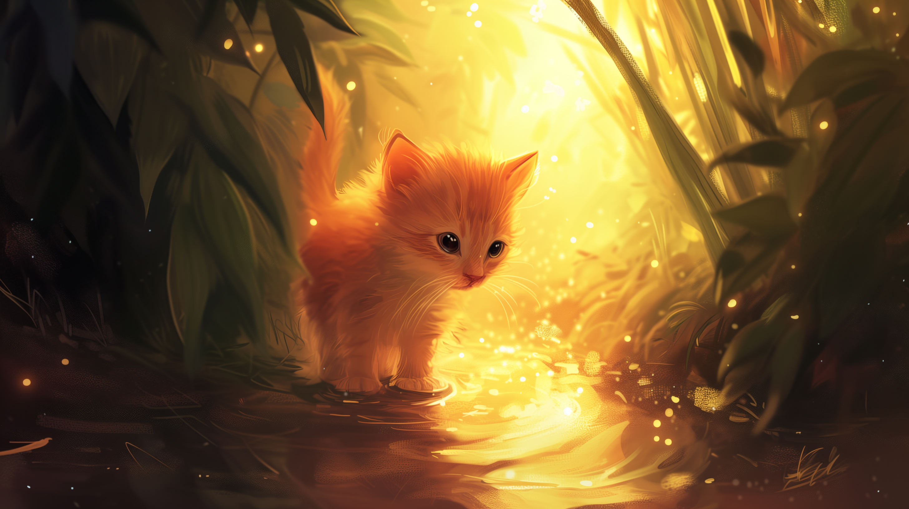 Cute Cat in Sunlit Forest HD Wallpaper