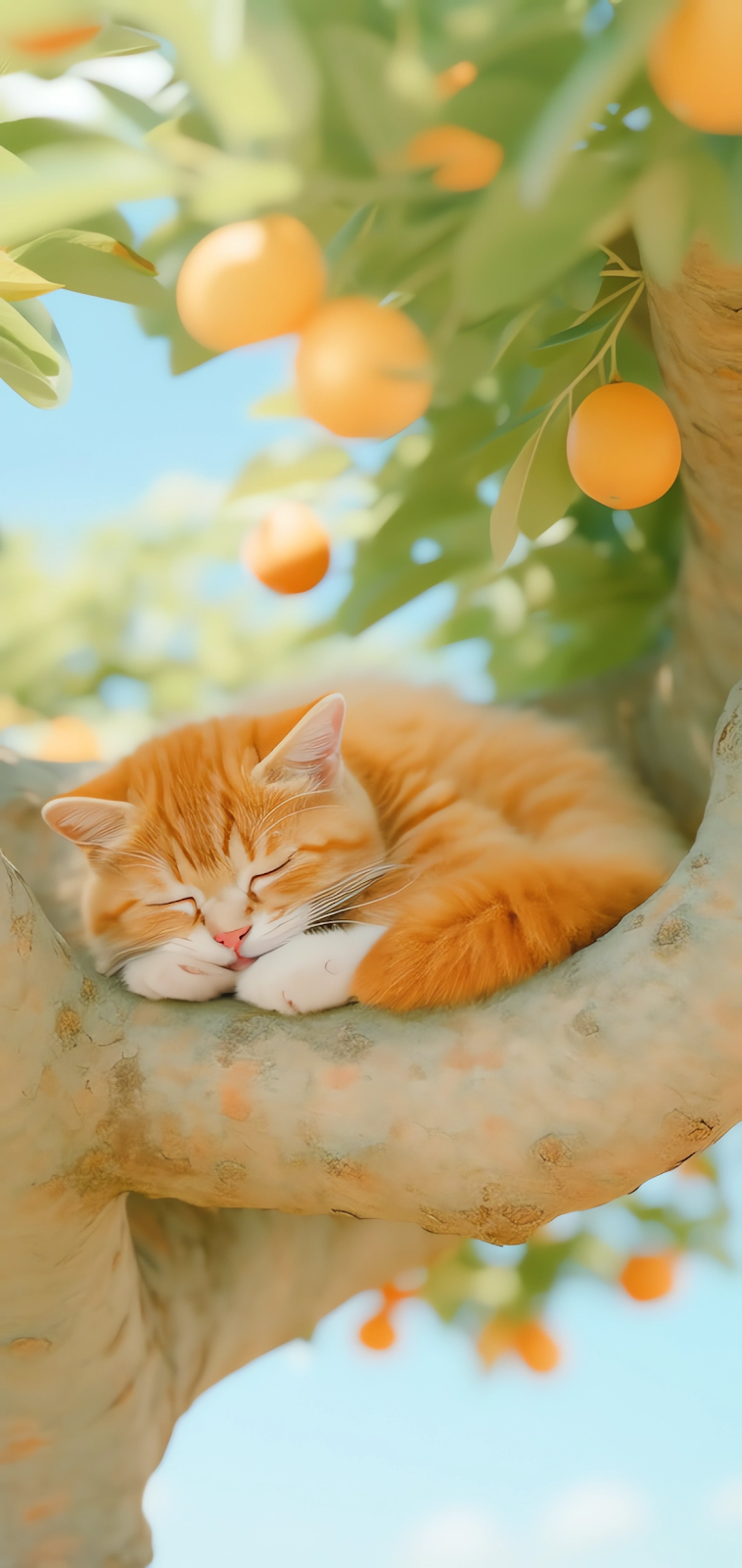 Kawaii Anime Cat in Orange Tree