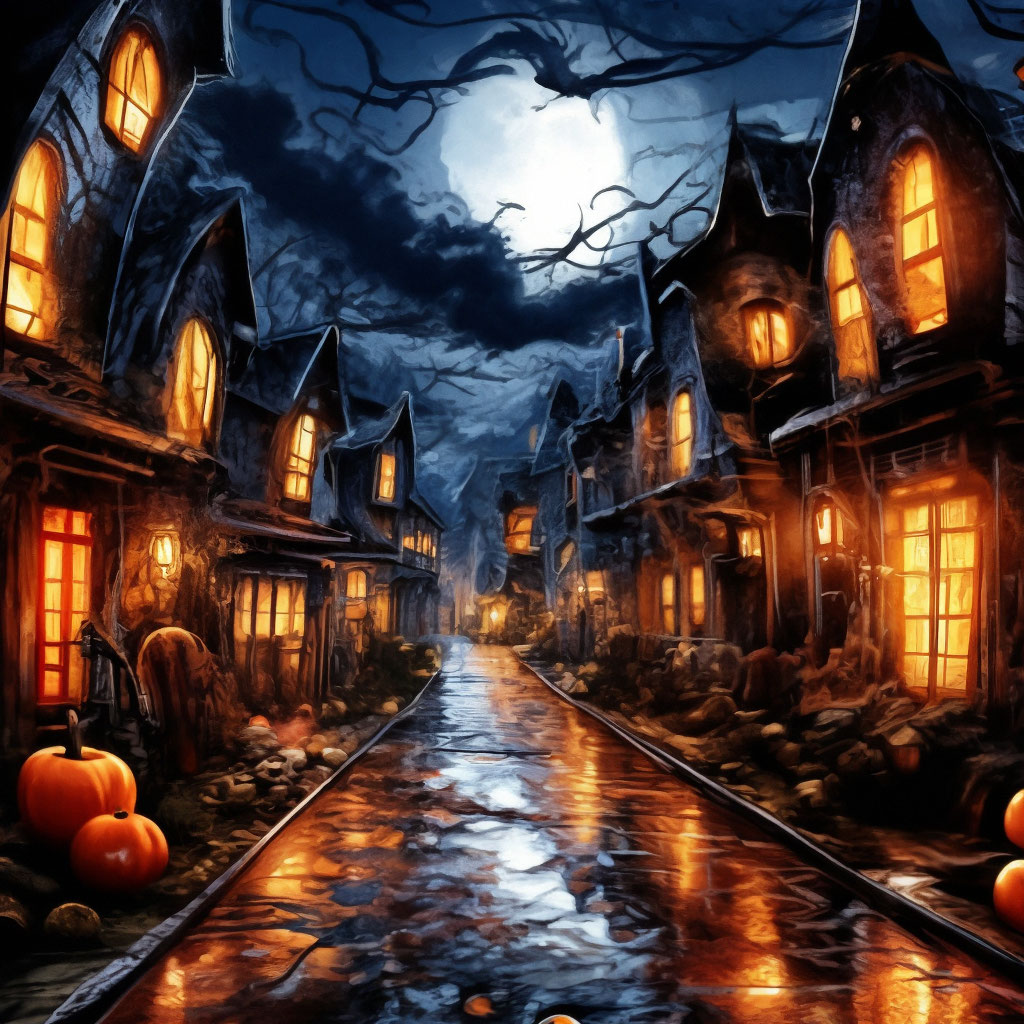 Cozy street of a small town Halloween