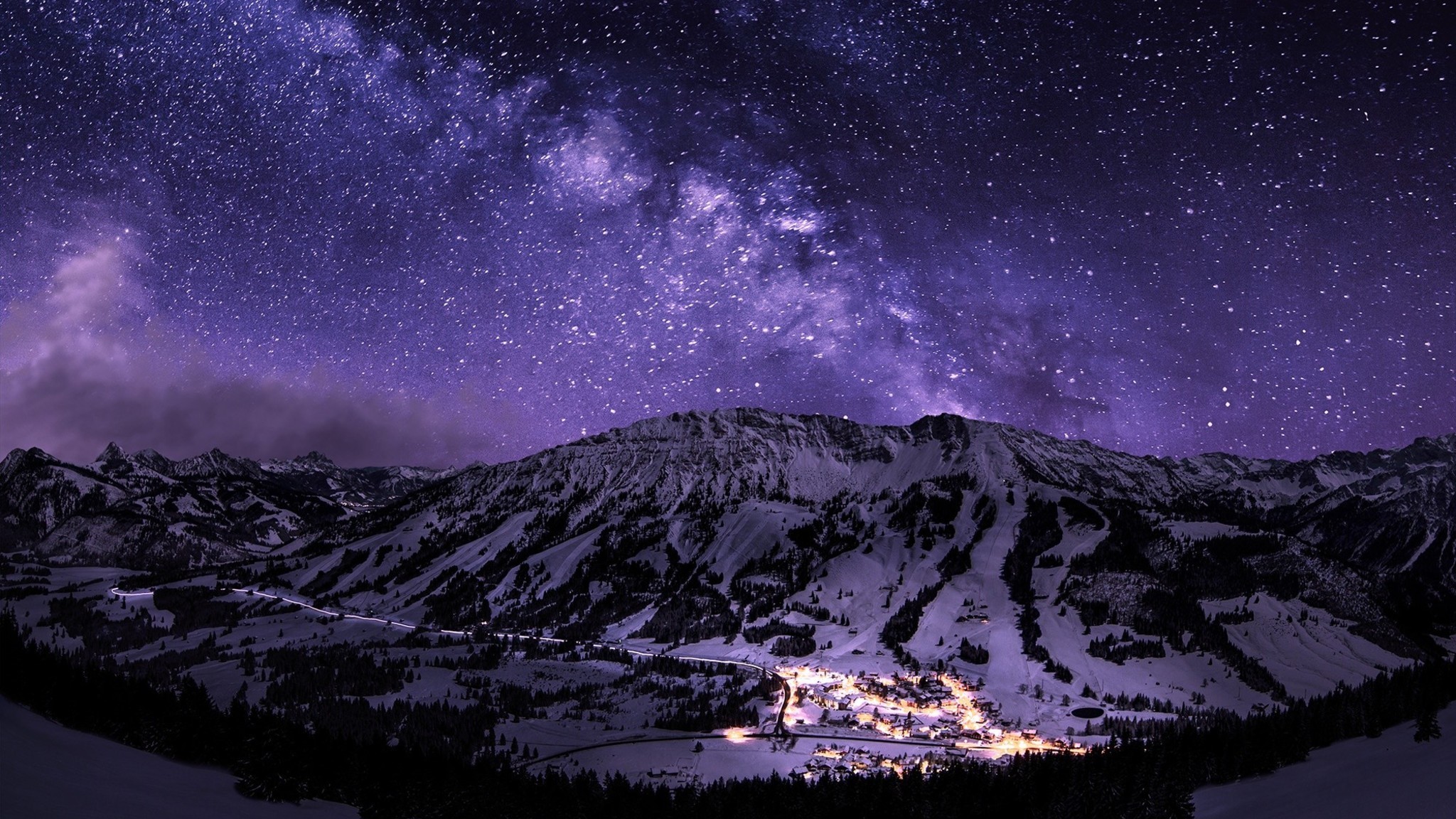Milky Way Snow Night Winter Mountain
