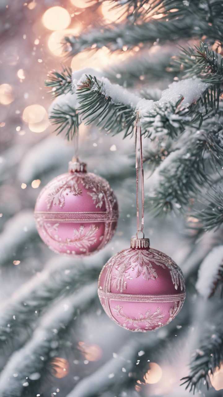 Pink Christmas balls hanging amidst