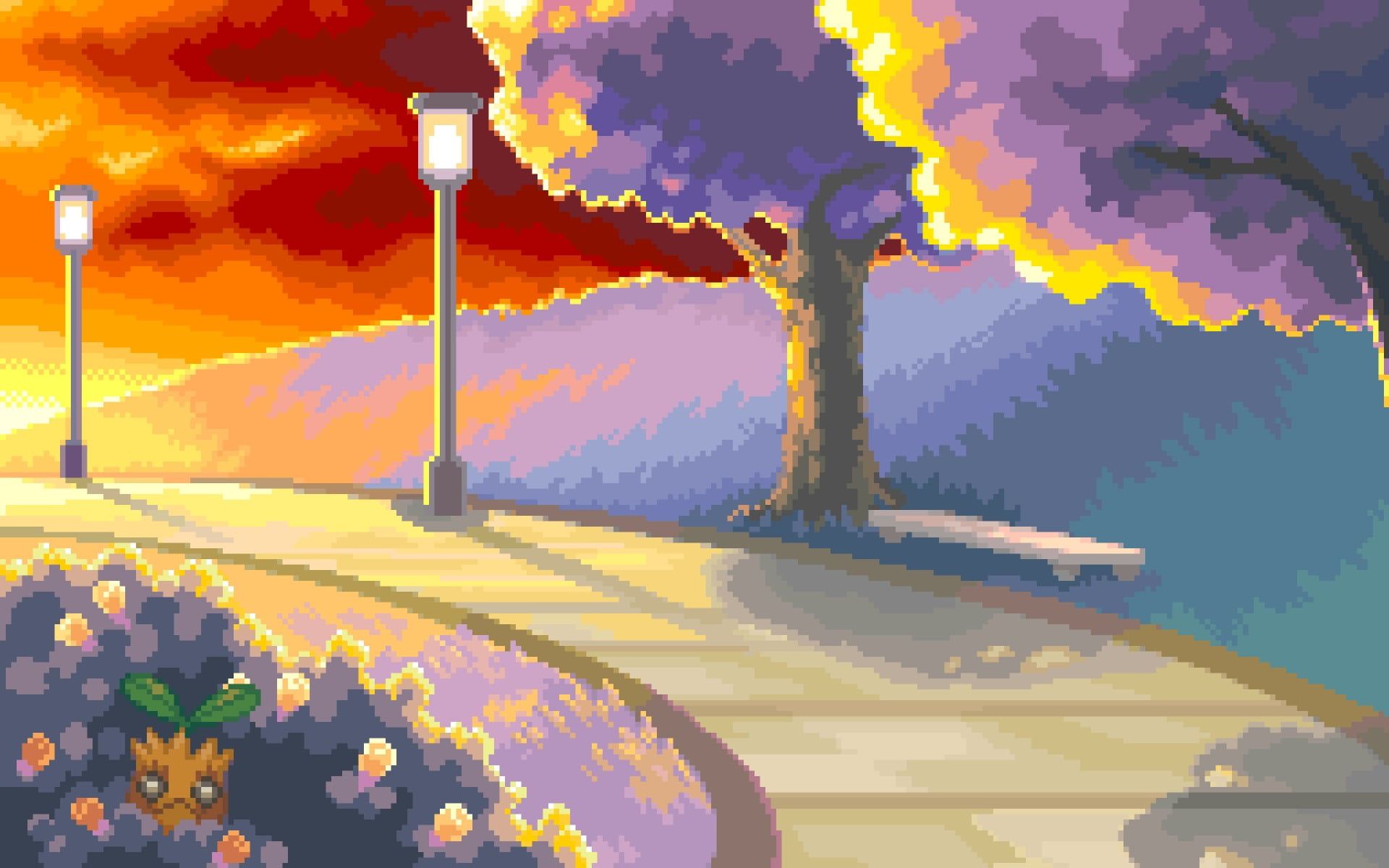 pixel art of path with lampposts