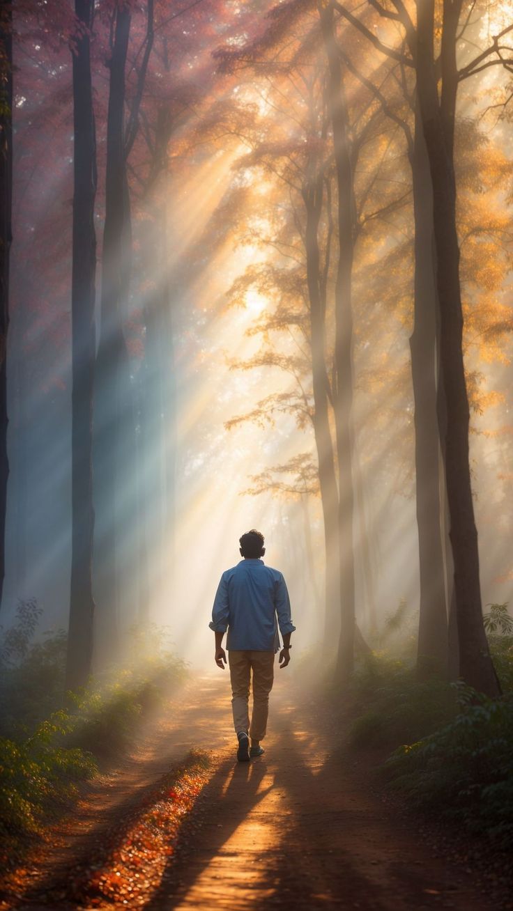 Wallpaper man, forest, trees, sun, rays